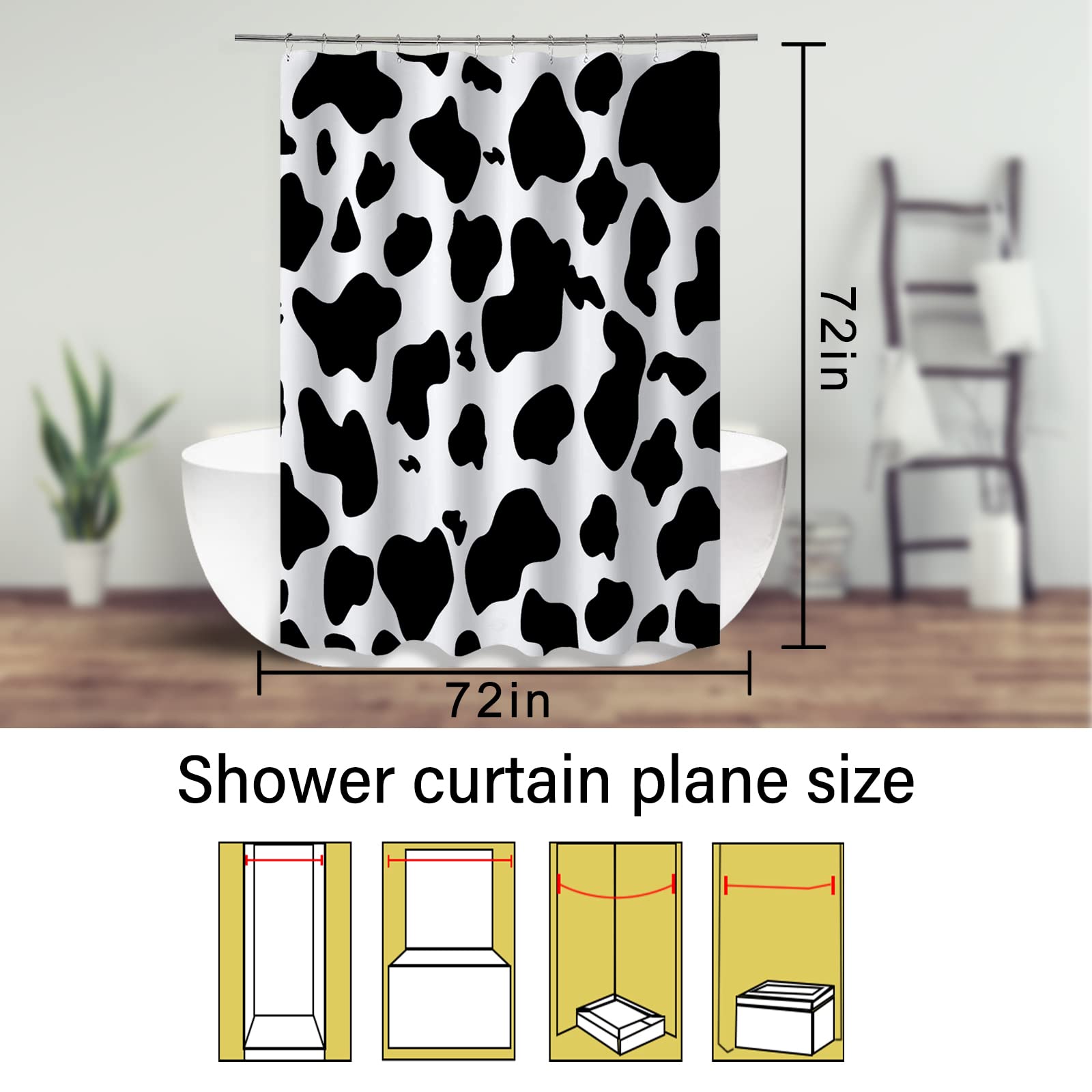 Zttxl Cow Print Shower Curtain (72'' X 72''), Black Cow Print Shower Curtain, Polyester Fabric Print Shower Curtain Set With Bat