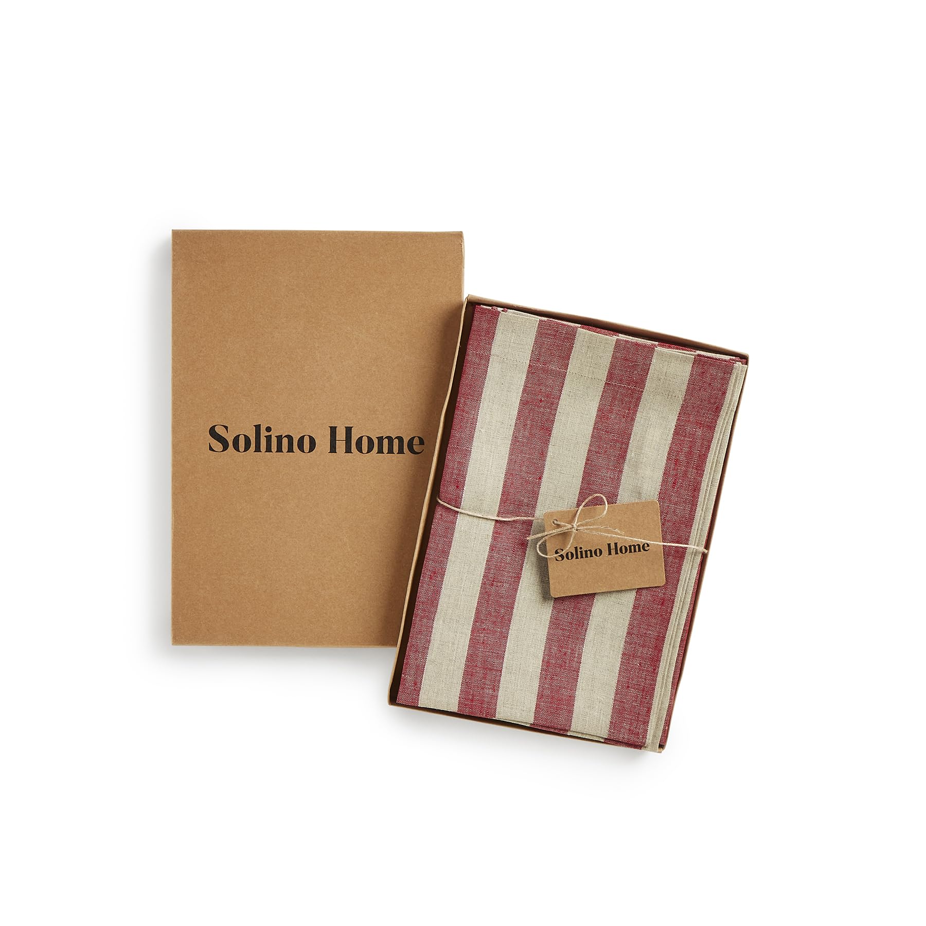 Solino Home Stripe Linen Dinner Napkins 20 X 20 Inch - 100% Pure Linen Red And Natural Cloth Napkins Set Of 4 For Spring - Sorre