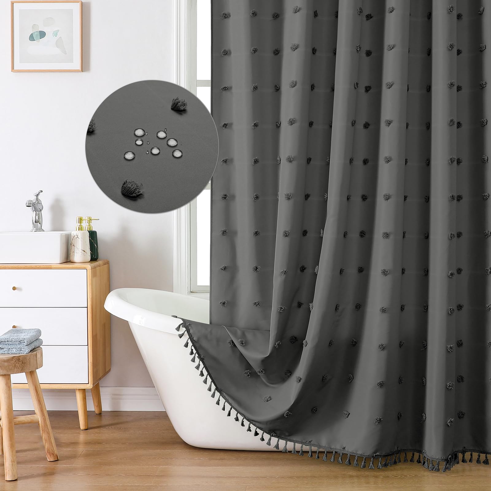 Lilycat Boho Farmhouse Grey Fabric Shower Curtain, 72X72 Tufted Pleat Floral Puffs Textured Tassel Cute Rustic Vintage Shower Cu