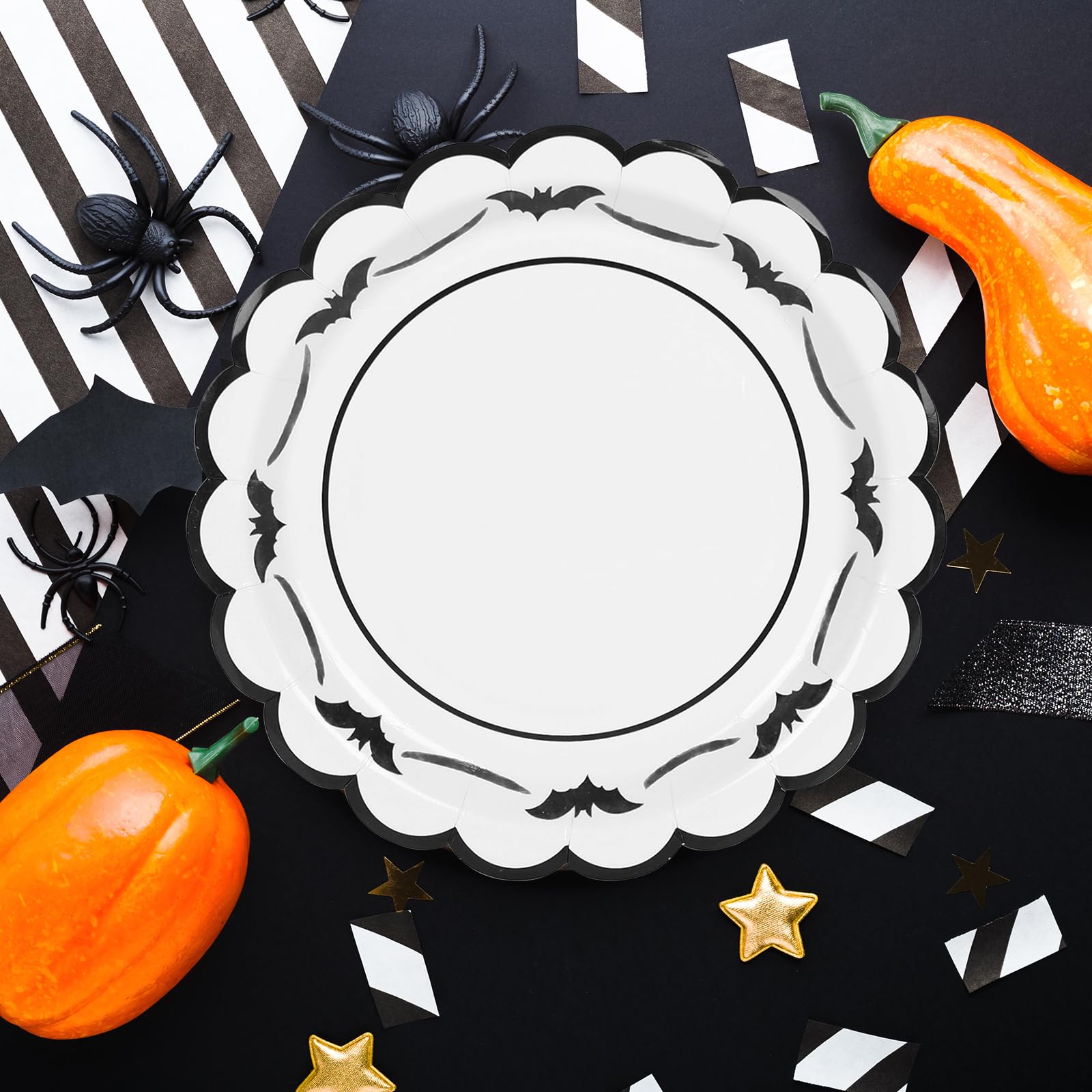 JarThenaAMCS 50 Pcs Halloween Paper Plates Bat Scalloped Disposable Plate Spooky Decorative Tableware for Holiday Party Decor Su