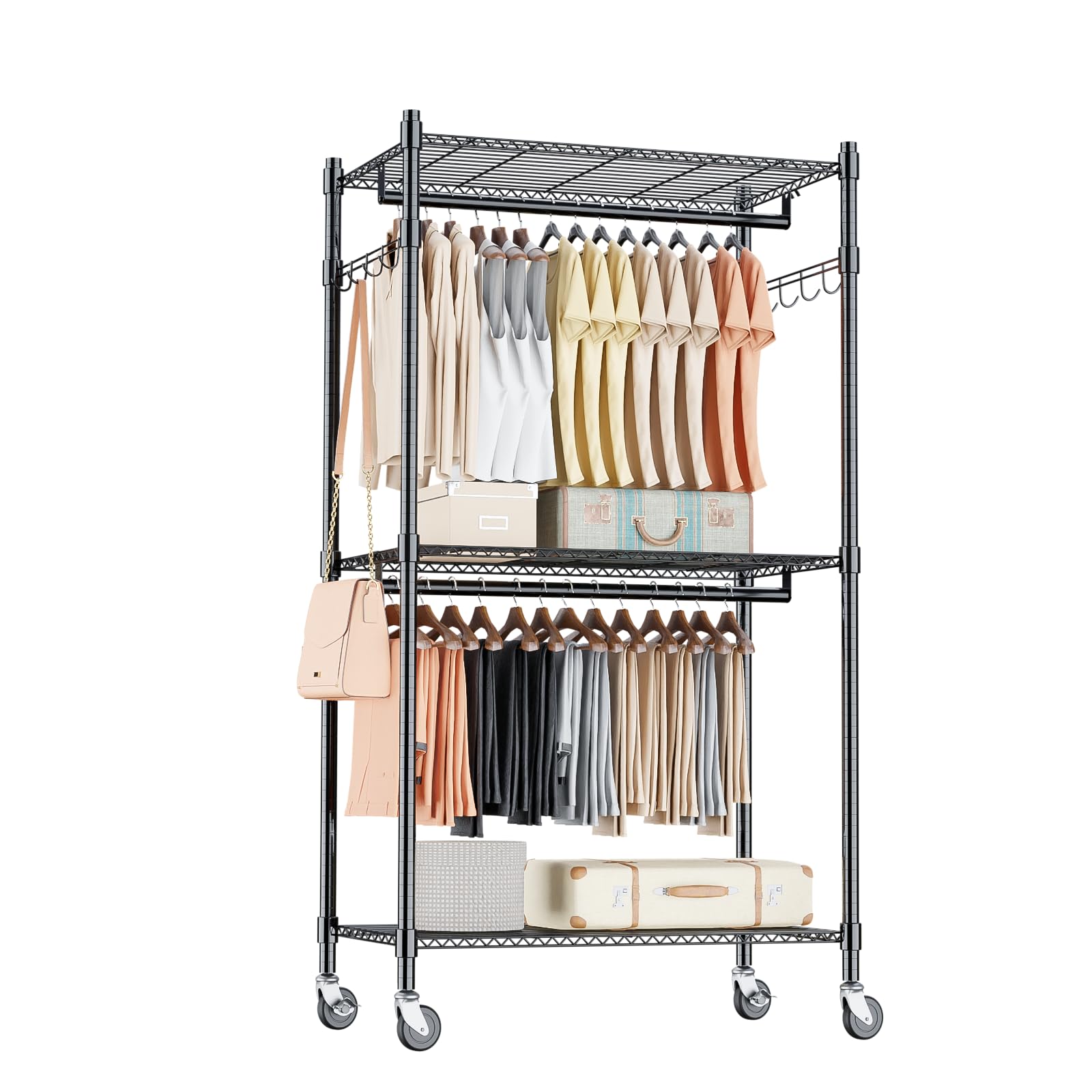Homdox Heavy Duty Clothing Rack With 3 Tier Adjustable Wire Shelves, Garment Racks For Hanging Clothes, Double Rods Clothing Rac