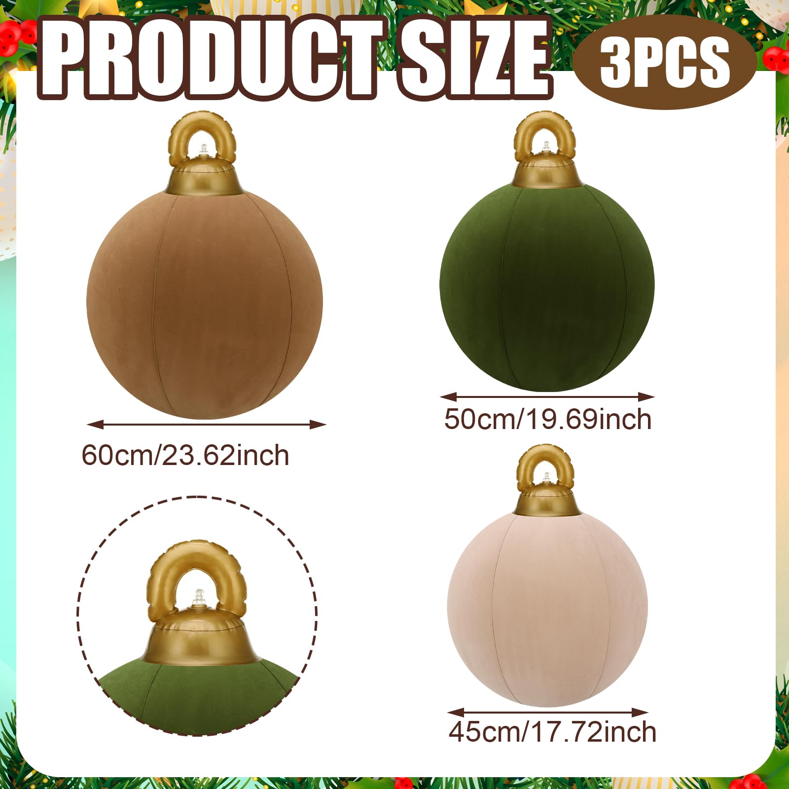 Jenaai 3 Pcs Giant Velvet Christmas Inflatable Ball Ornament Large PVC Christmas Inflatable Balls 3 Size 24  20  18  Xmas Hangin