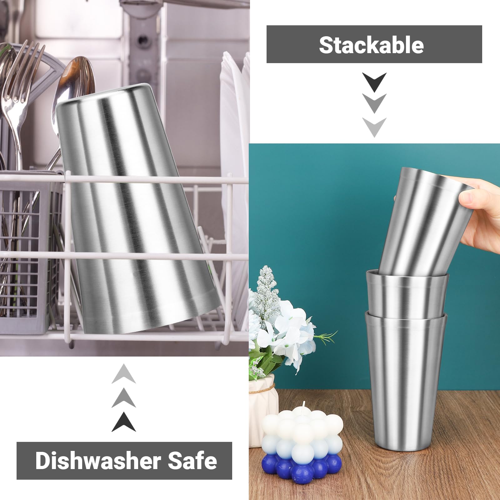 Offiper Stainless Steel Cups, 16 Oz Insulated Tumbler, 4 Pack Double Wall Unbreakable Stackable Water Tumblers Vacuum Insulated