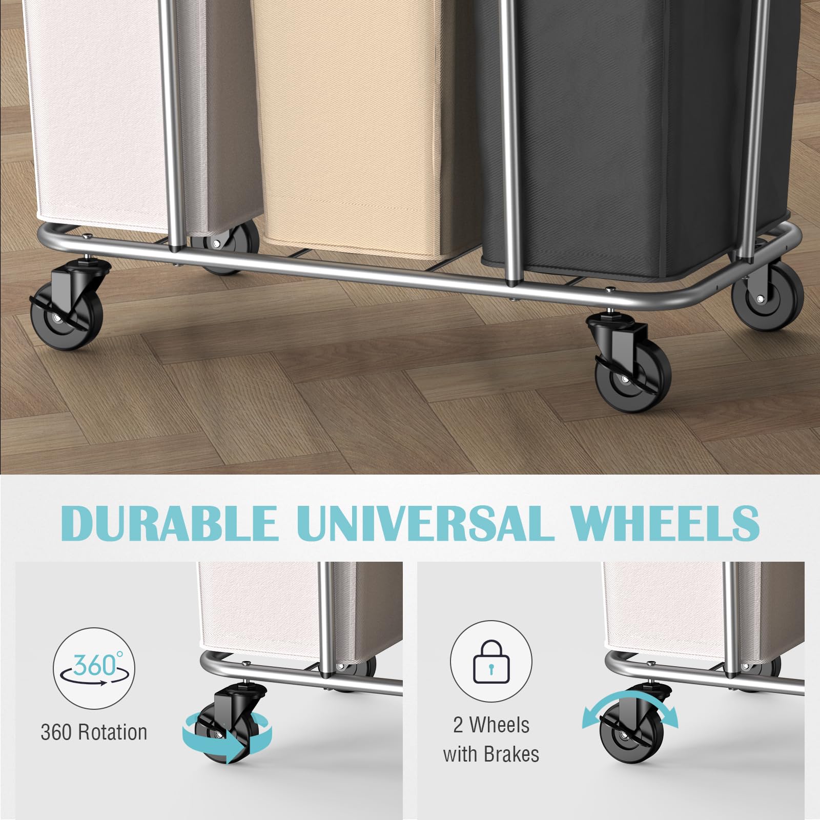 Plkow Laundry Sorter 3 Section, 220L Large Laundry Cart With Wheels 3 Hamper Laundry Sorter With Steel Frame And Removable Bag,