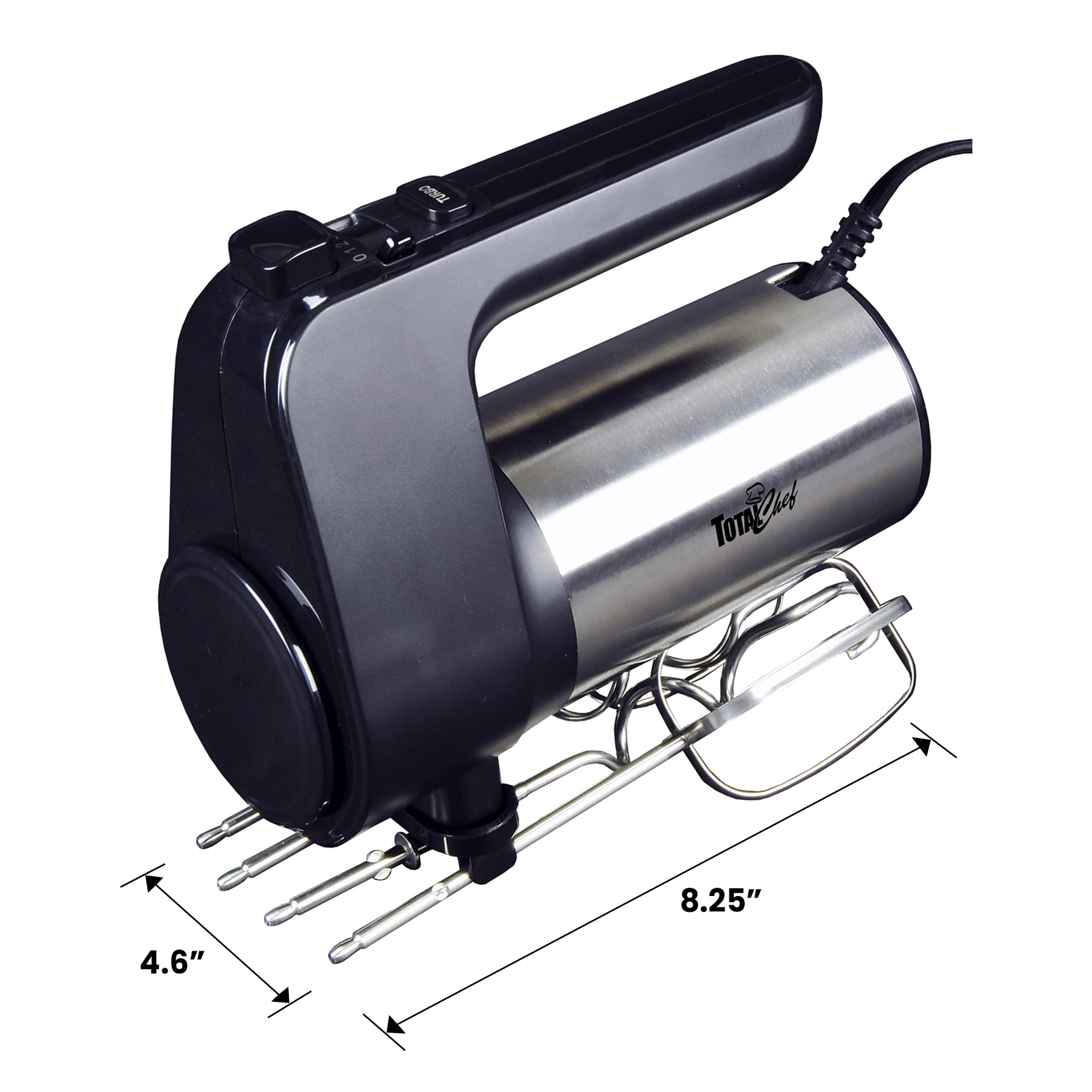 Total Chef 6-Speed Electric Hand Mixer With Stainless Steel Beaters And Dough Hooks Clip-On Storage 250 Watt Motor With Turbo Bo