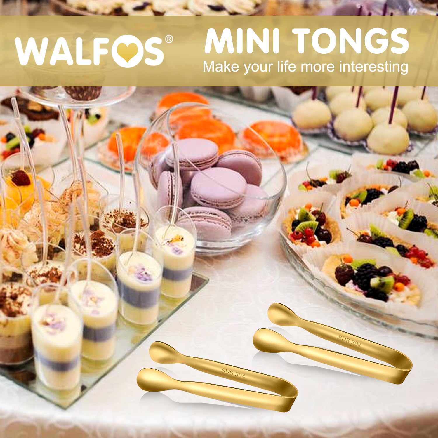 Walfos Small Gold Tongs For Serving Food Grade Stainless Steel 4'' Mini Tongs Appetizers for Parties Catering  Sugar Desserts Tea Party  Coffee Bar  Set of 12 (Gold)