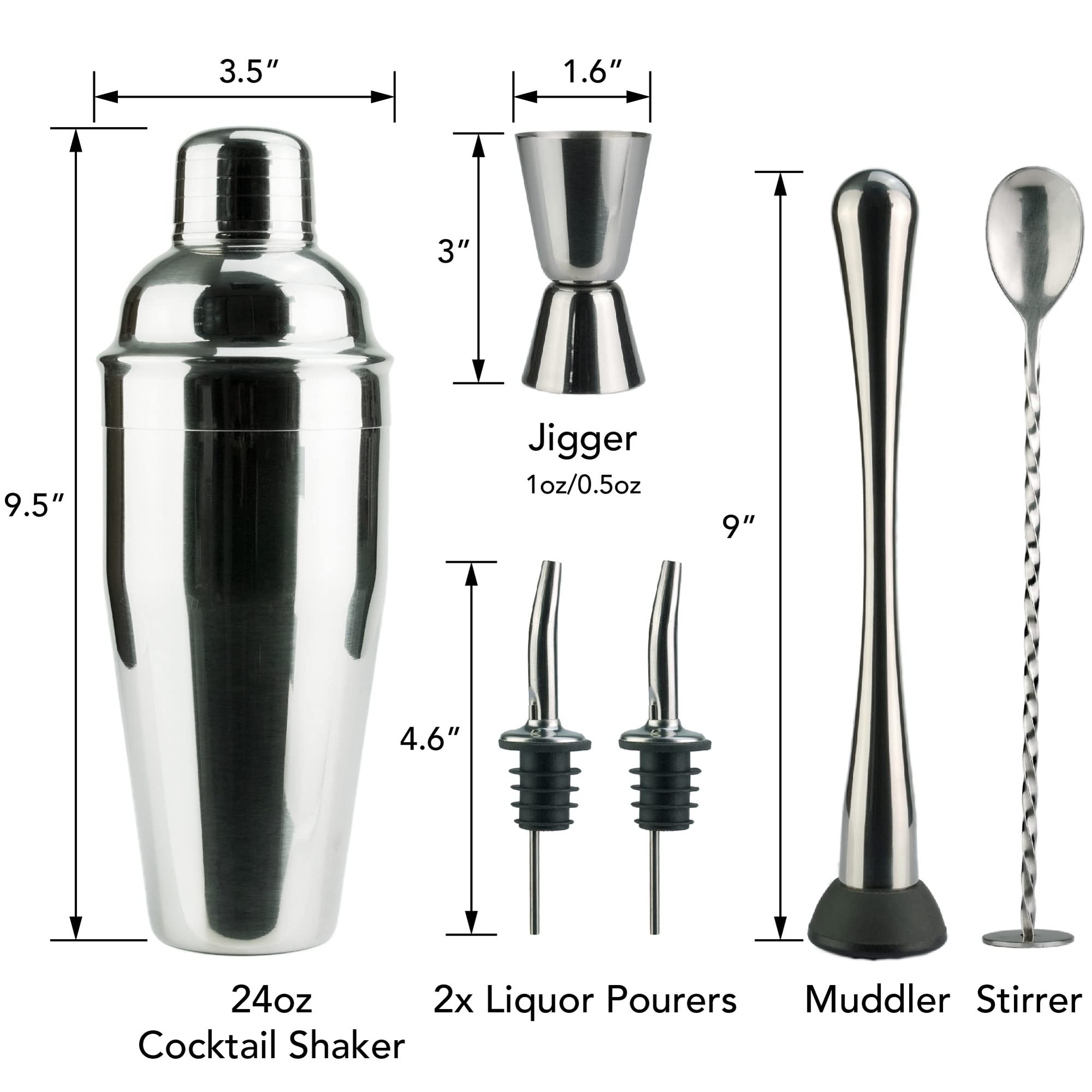 Arora Barware Set - 6pc - Stainless Steel - Professional Bar Tools for Drink Mixing  Home  Bar  Party  Silver  24oz (851111)