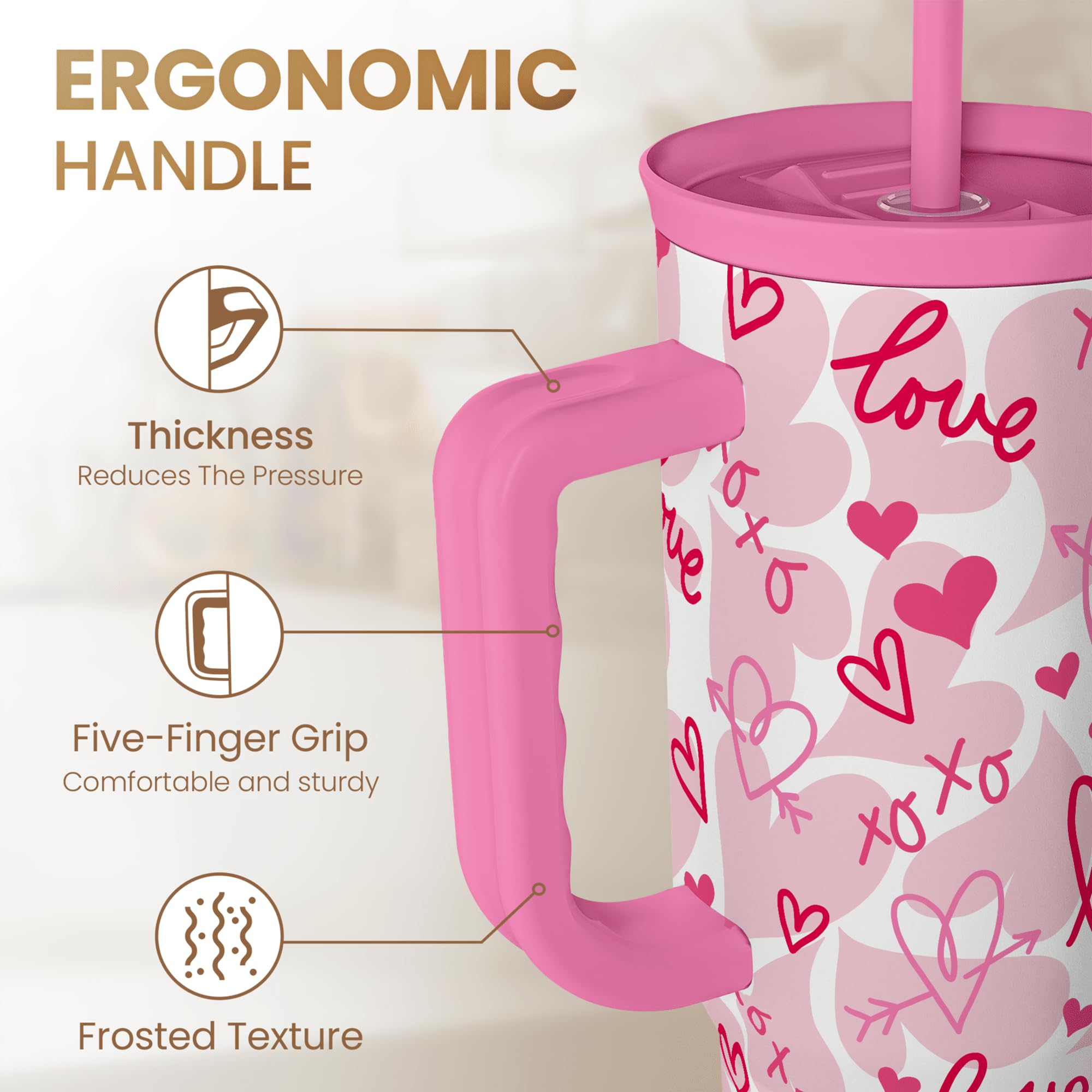 SANDJEST Heart Tumbler with Handle 40oz, Valentines Stainless Steel Insulated Tumblers Coffee Travel Cup with Straw Lid, Gifts f