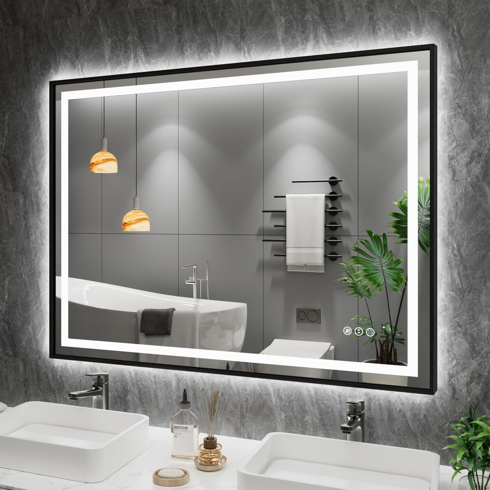 Amorho 48''X 36'' Led Bathroom Mirror With Black Frame, Front Light And Backlit, Stepless Dimmable, Anti-Fog, Shatter-Proof, Mem