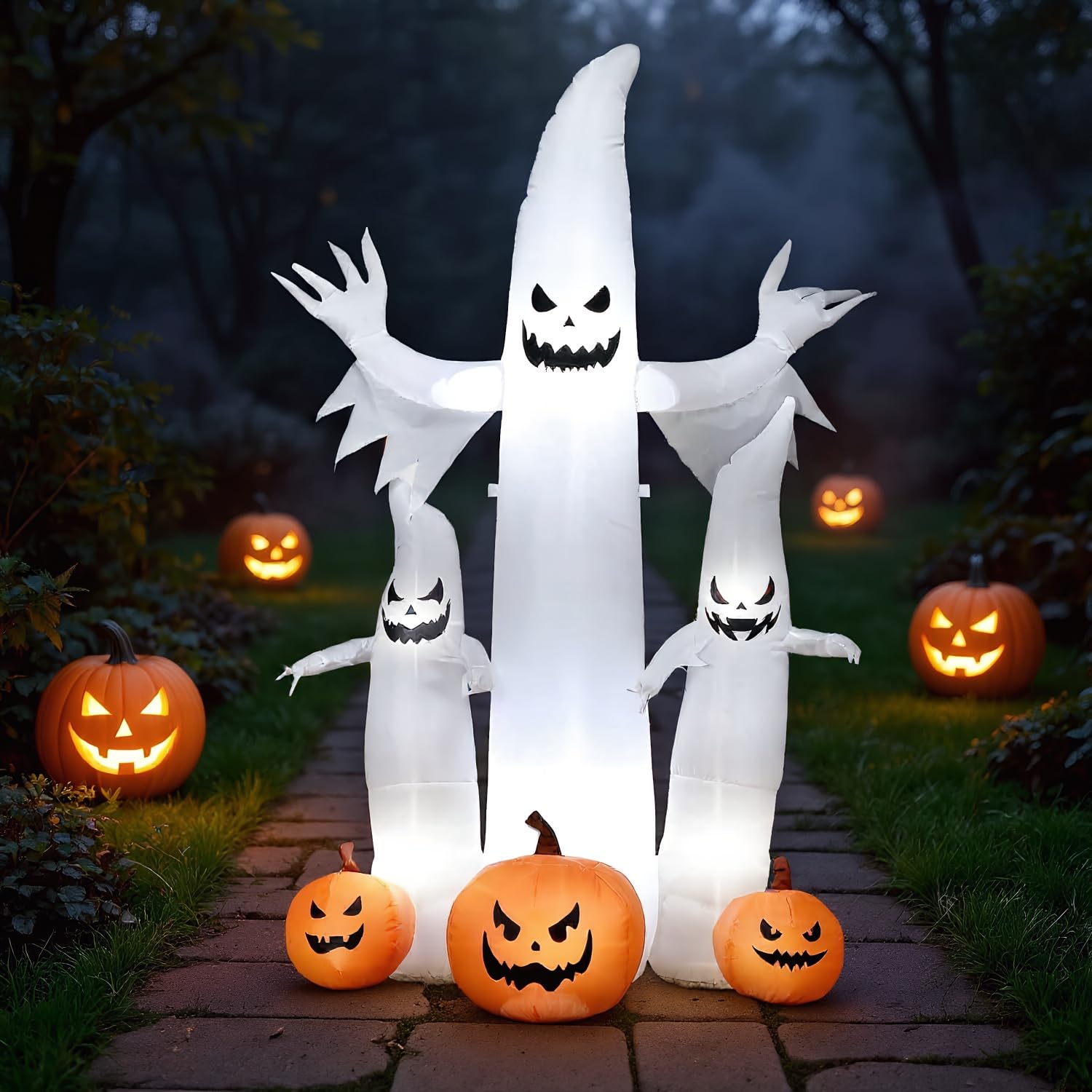Bencailor 4.8 Ft Halloween Ghost Inflatable Outdoor Decorations Bow up Ghost with Pumpkin Built in LED Lights for Halloween Yard