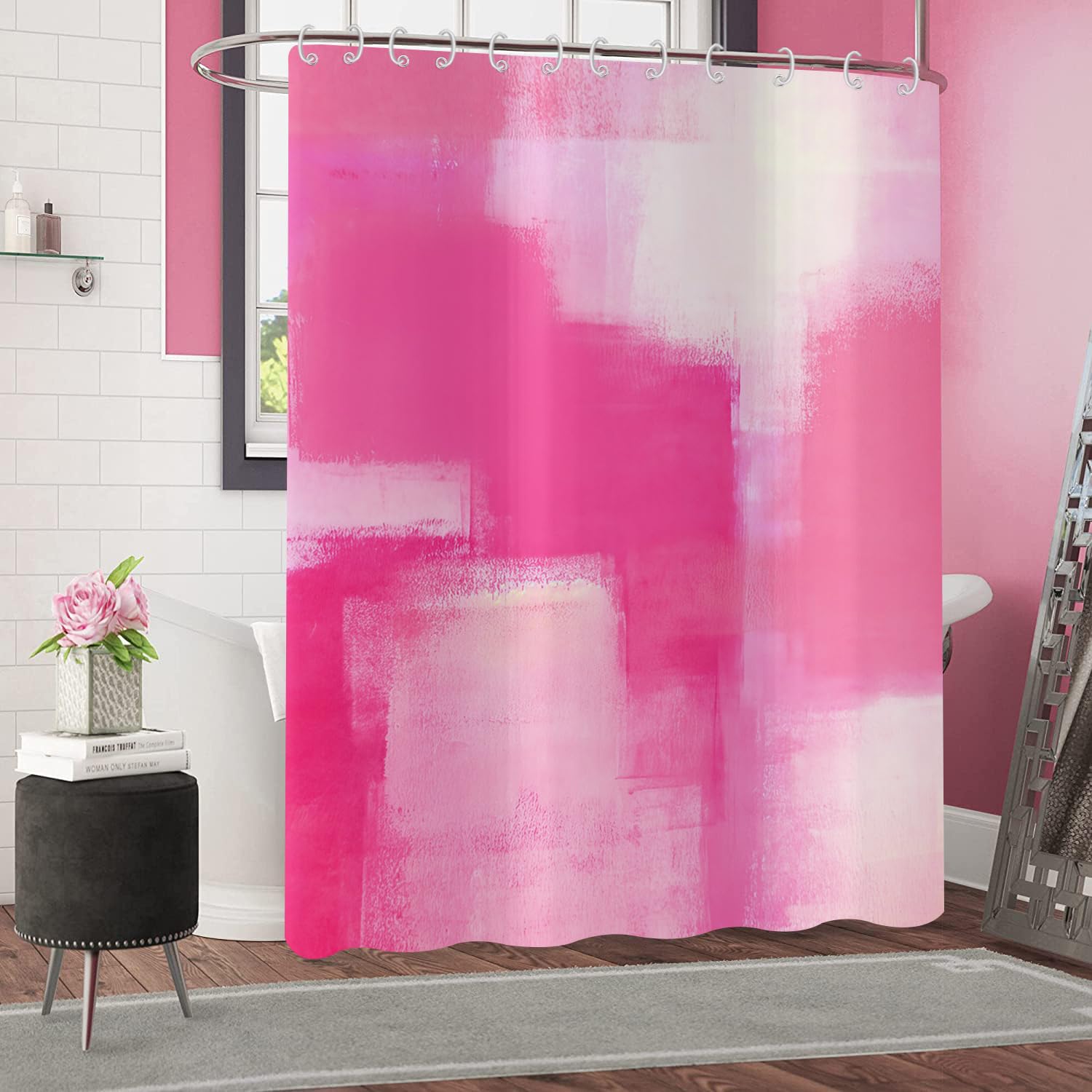Gcirec Hot Pink Shower Curtain, Watercolor Pink Contemporary Brush Strokes Oil Painting Abstract Bathroom Curtain Waterproof Fab