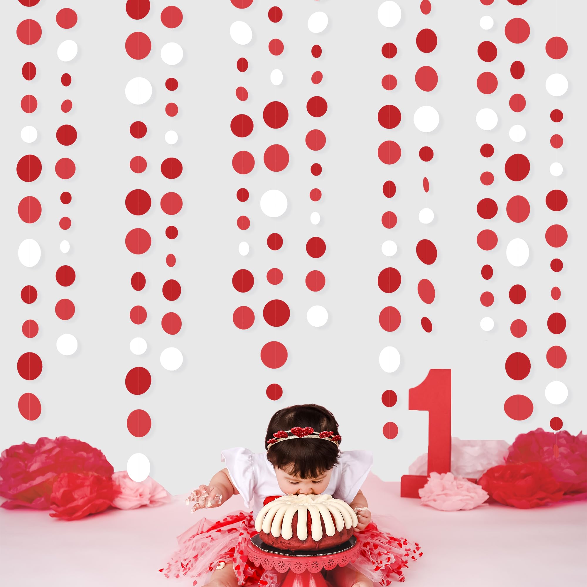 46 Ft Red Party Decorations Polka Dots Garlands Red And White Hanging Paper Circle Dots Streamer For Valentines Anniversary Birt