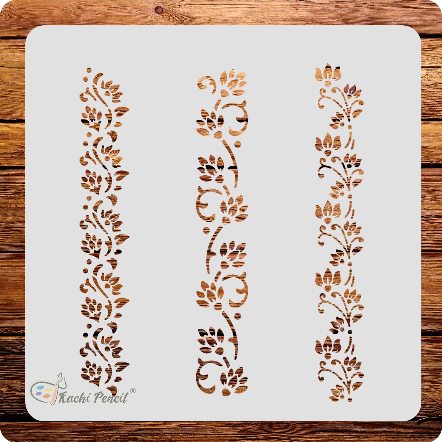Kachi Pencil Floral Border Design Set Of 3 Reusable Stencils For Art, Craft, Fabric, Glass, Wall, And Craft Painting, Size 6 X 6