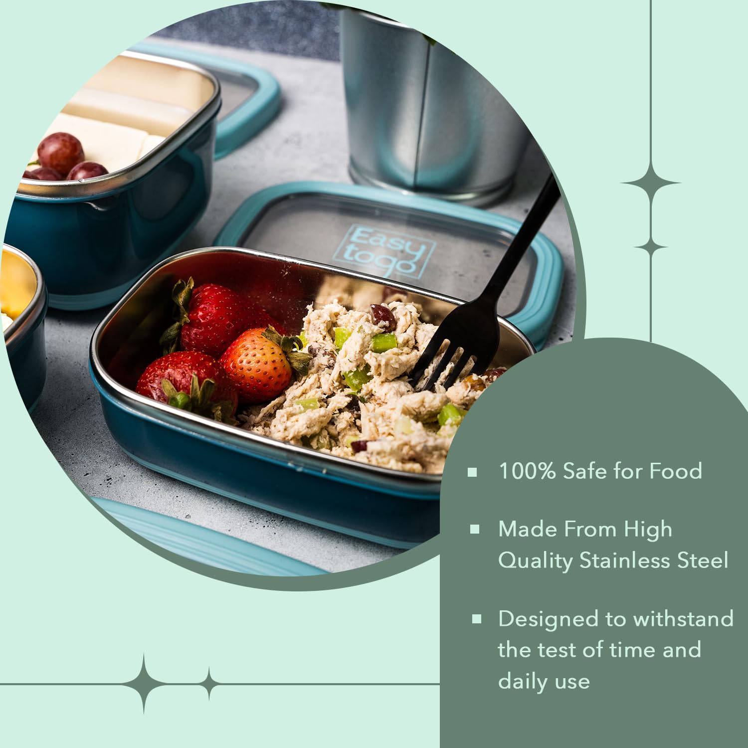 Easy Togo 3 Pack Stainless Steel Food Containers With Silicon Lid & Non-Slip Exterior, Leakproof, Airtight Rectangular Portion C