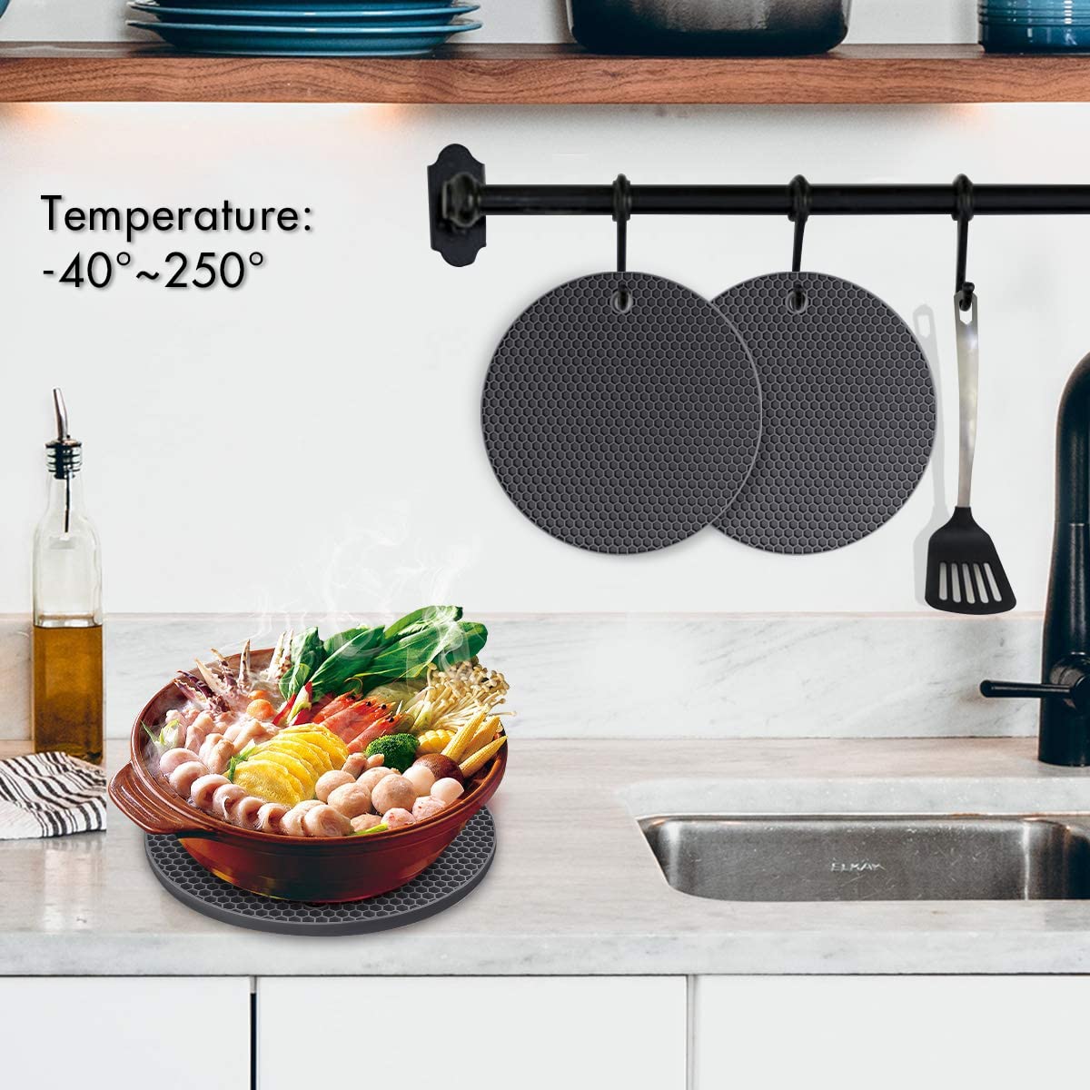 QPIX DIGITAL Silicone Trivets Set of 4, Heat Resistant, 7x7in, Dark Gray, Flexible & Durable Pot Mats for Hot Dishes