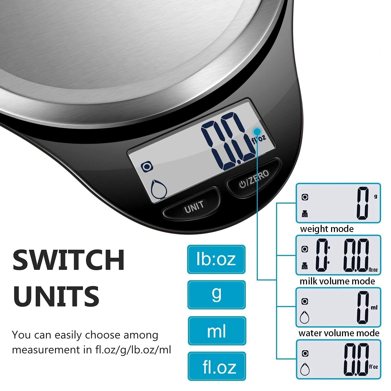 NUTRI FIT Digital Kitchen Scale - Accurate Weight Grams & Ounces, Max 11lb, Black, Model EK3226-NF-BB, Stainless Steel Platform