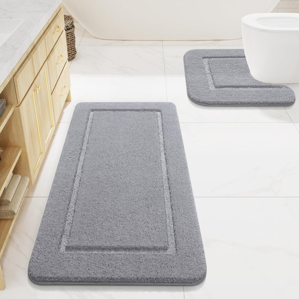 Lochas Bathroom Rug Set Light Grey, Soft Bath Rug Set 2 Piece Set, Toilet Mat U-Shaped 20X20 And 24X48 Bathroom Rugs, Quickly Dr