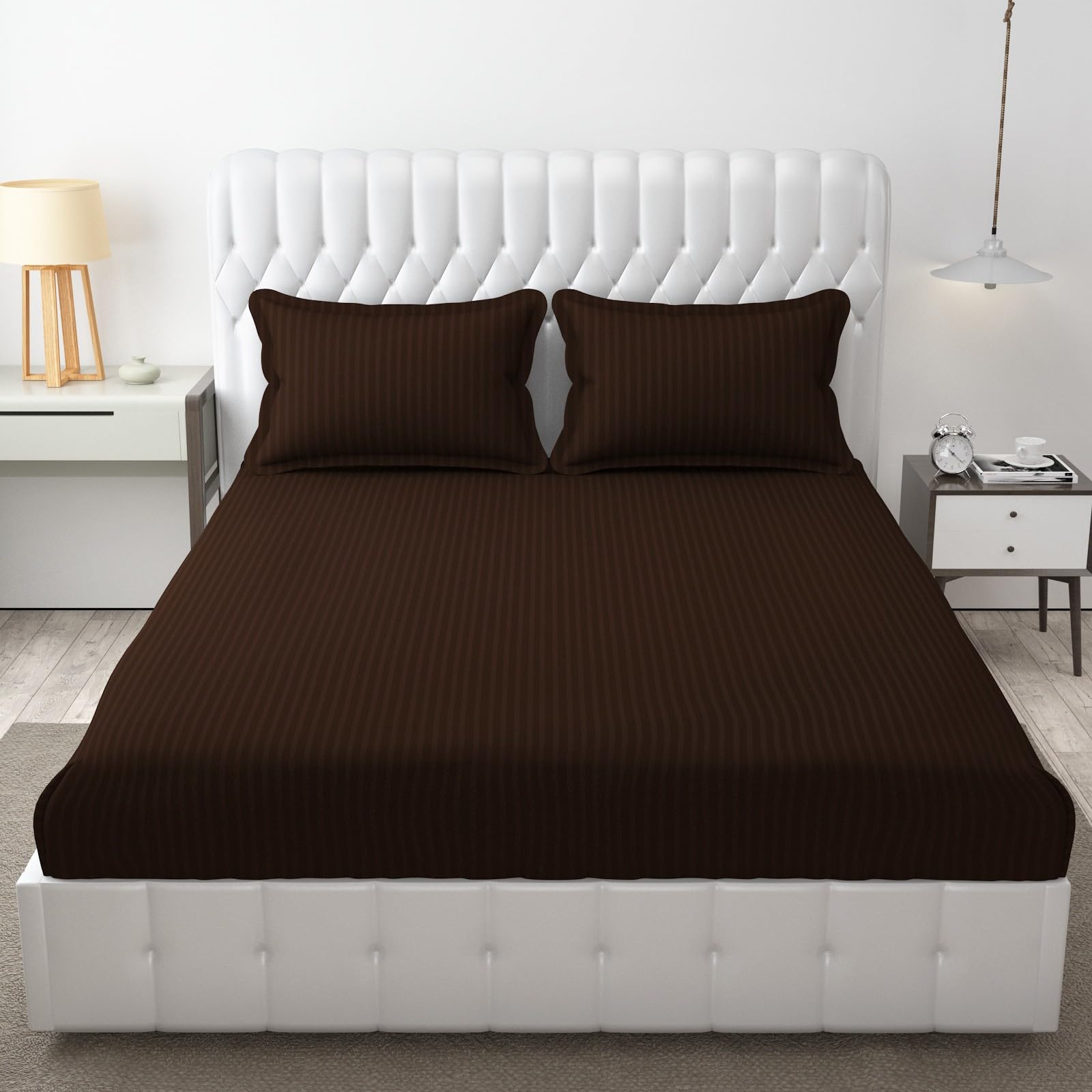 Ivaza 220 Cotton Feel Glace Cotton Elastic Fitted Bedsheet For Double Bed With Two Pillow Covers(72X78 Inch) Coffee