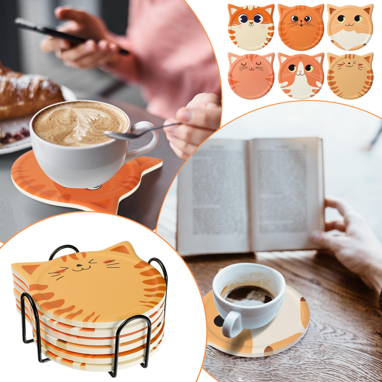 Funny Cat Coasters for Drink Cute Coasters Cat Gift for Cat Lovers Ceramic Coasters with Cork Bottom and Metal Holder for Bar Office Dining Coffee Table Desk Decor 4.25 Inch (Pute Cat Style  6 Pcs)
