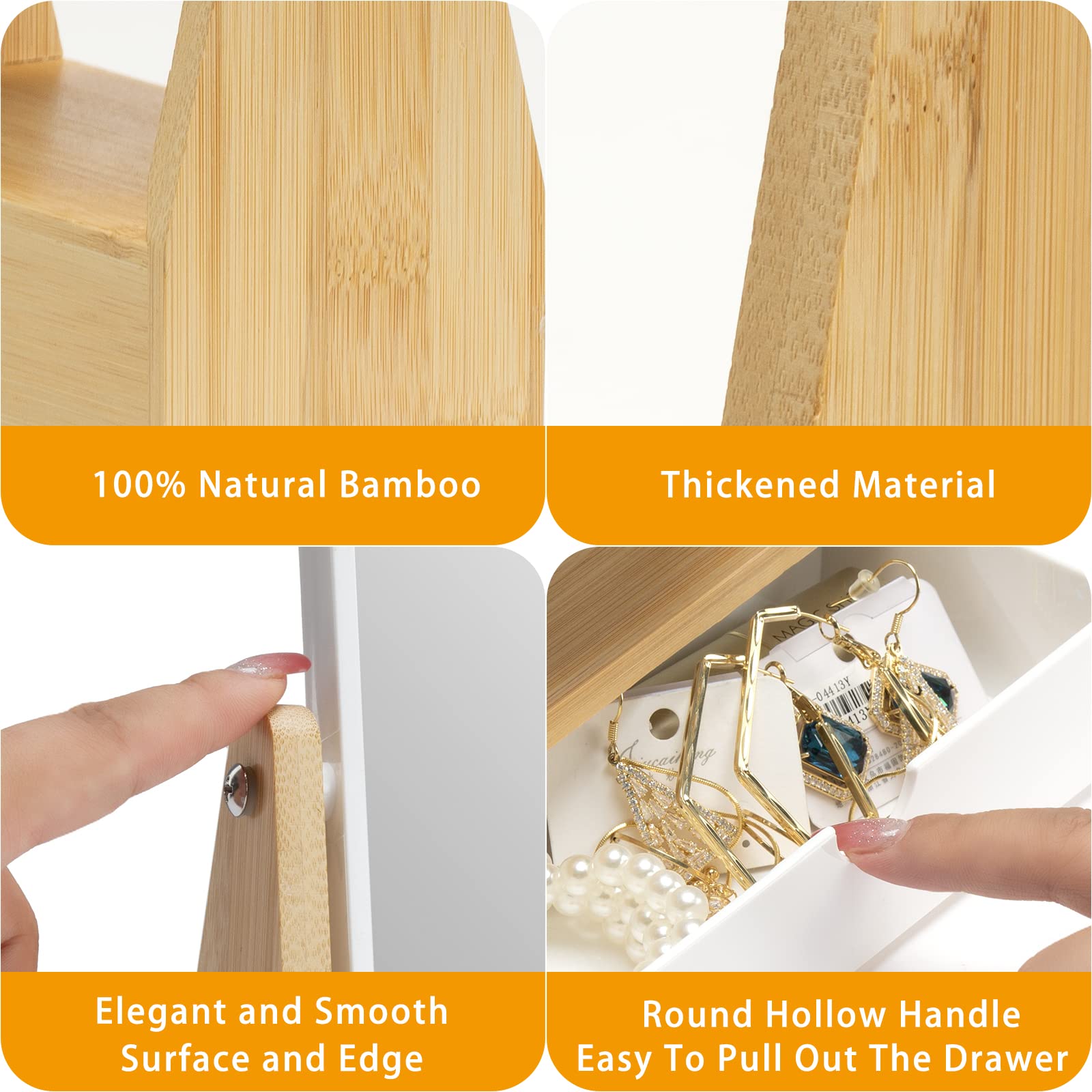 Yeake Vanity Makeup Mirror With Storage, 1X/3X Double Sided Magnifying Mirror With Adjustable Natural Bamboo Stand,Portable Smal