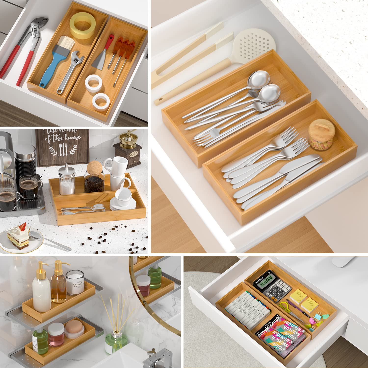 Veyfey Bamboo Drawer Organizer, Stackable Utensil Organizer For Kitchen, Bamboo Storage Box Wood Silverware Tray For Drawer 15''