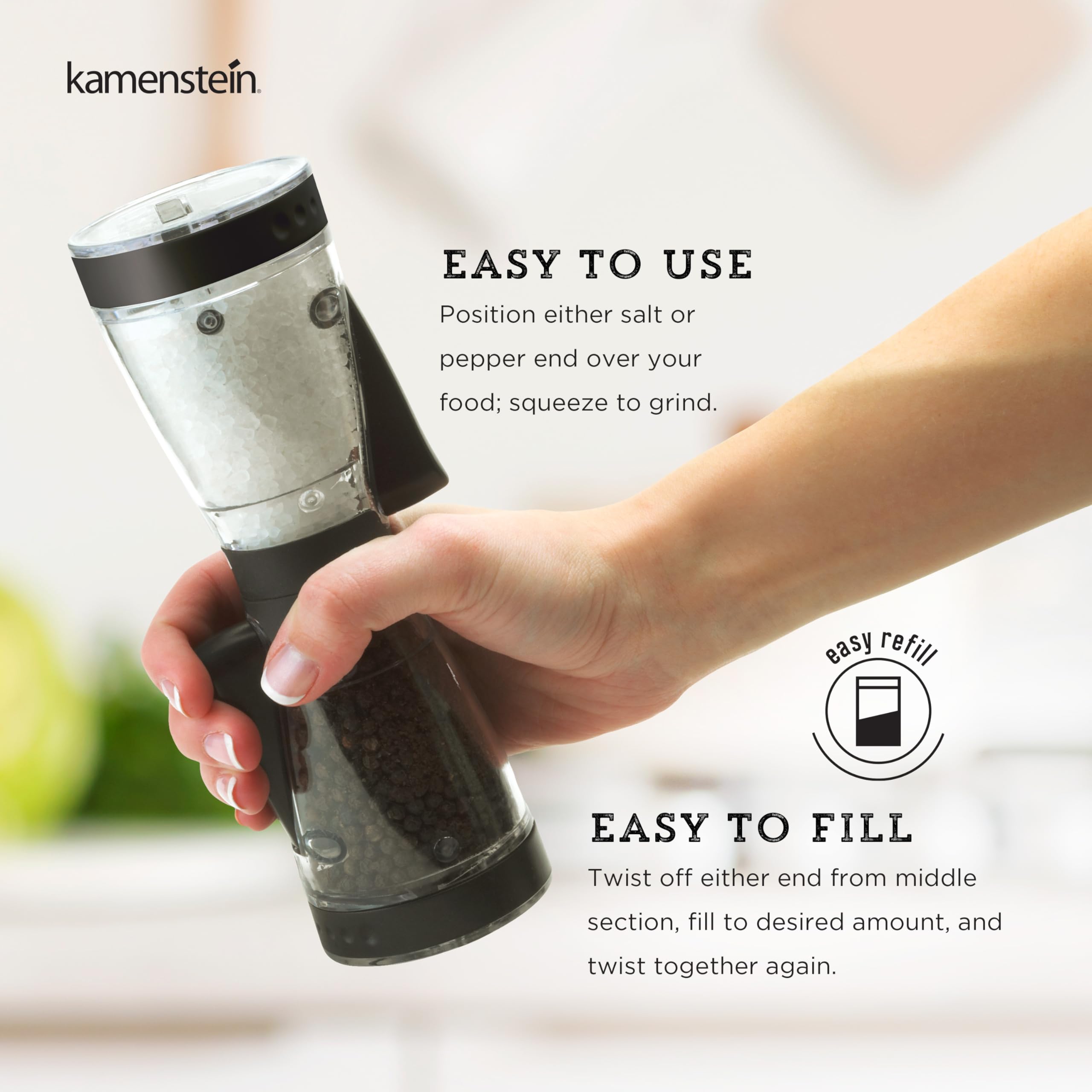 Kamenstein One-Handed 2-In-A-1 Dual Salt And Pepper Grinder-Adjustable And Refillable, 8-Inch, Black