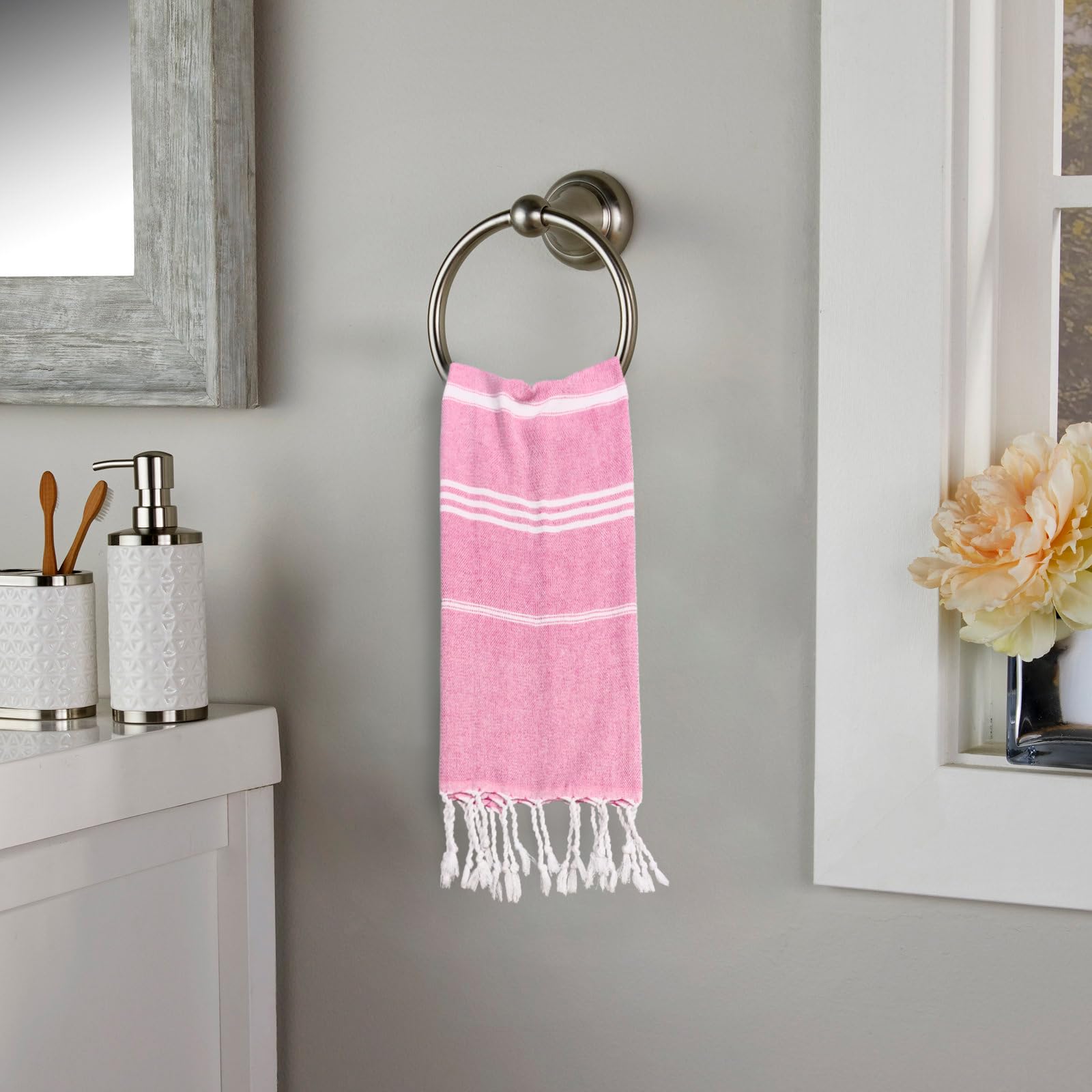 Cabanana Cotton Turkish Hand Towel - Set Of 2 | Boho Kitchen Tea Towels, 40 X 16 Inches Thin Decorative Bathroom Towel (Pink)