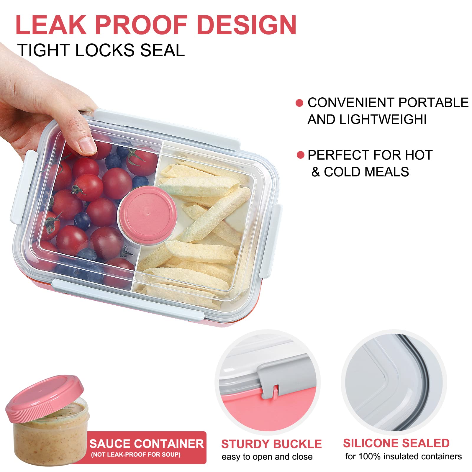 Shopwithgreen Set Of 3 Salad Food Storage Container To Go, 47-Oz Bento Box With Removable Tray & Dressing Pots, For Lunch, Snack