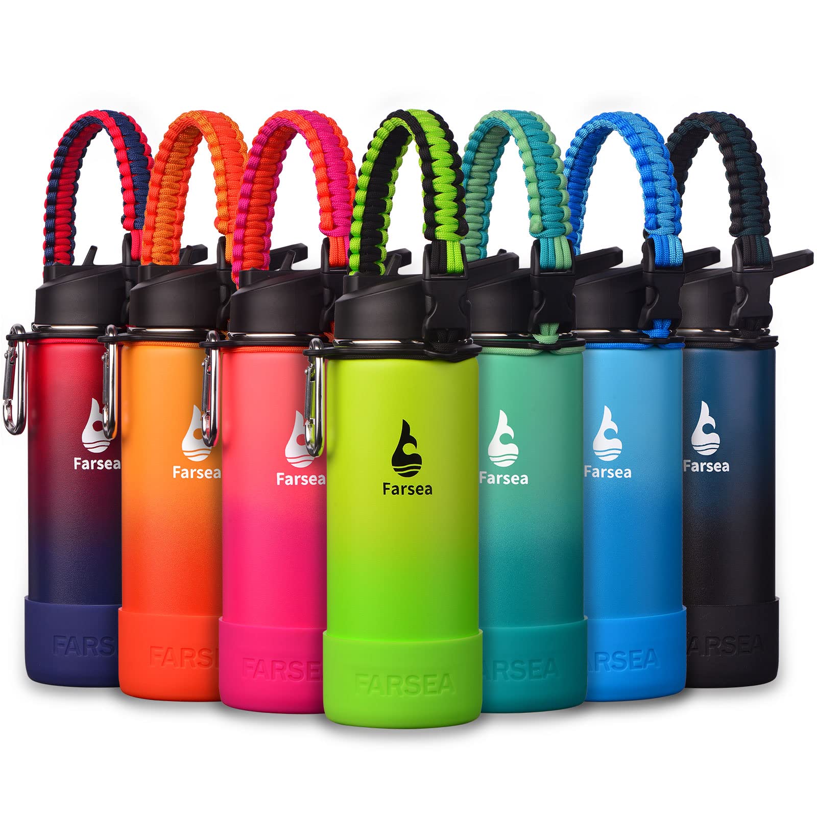 Farsea Insulated Water Bottle With Paracord Handle, Protective Silicone Boot And 2 Lids (Straw Lid & Spout Lid), Stainless Steel