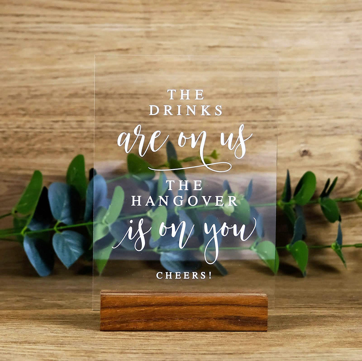 Acrylic Wedding Bar Sign With Wood Stand- 5    X 7'' Glass Look Clear Acrylic Wedding Drink Sign Open Bar Sigs With Holder For W
