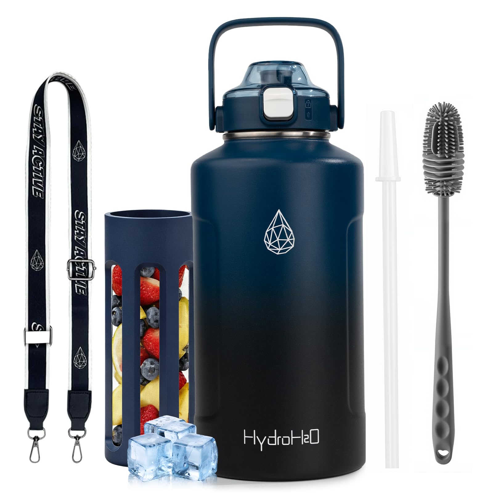 HYDRO H2O 64oz Half Gallon Fruit Infuser Insulated Stainless Steel Water Bottle Jug, 48H Cold & 24H Hot, Large Capacity for Trav