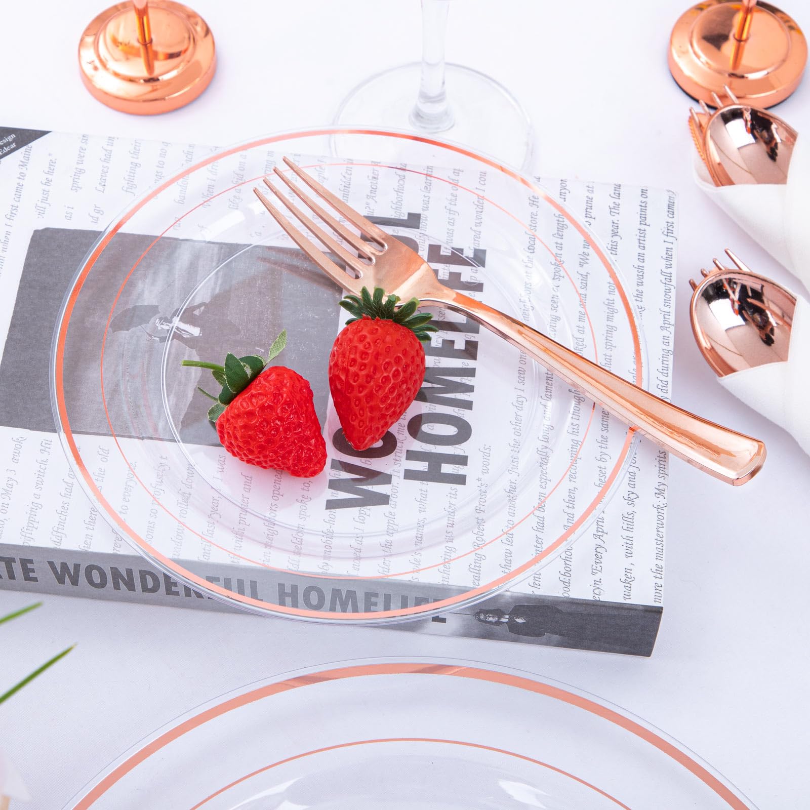 210 Pcs Rose Gold Plastic Plates With Silverware, Valentine Plates Includes: 30 Dinner Plates 10.25'' 30 Dessert Plates 7.5'' 30