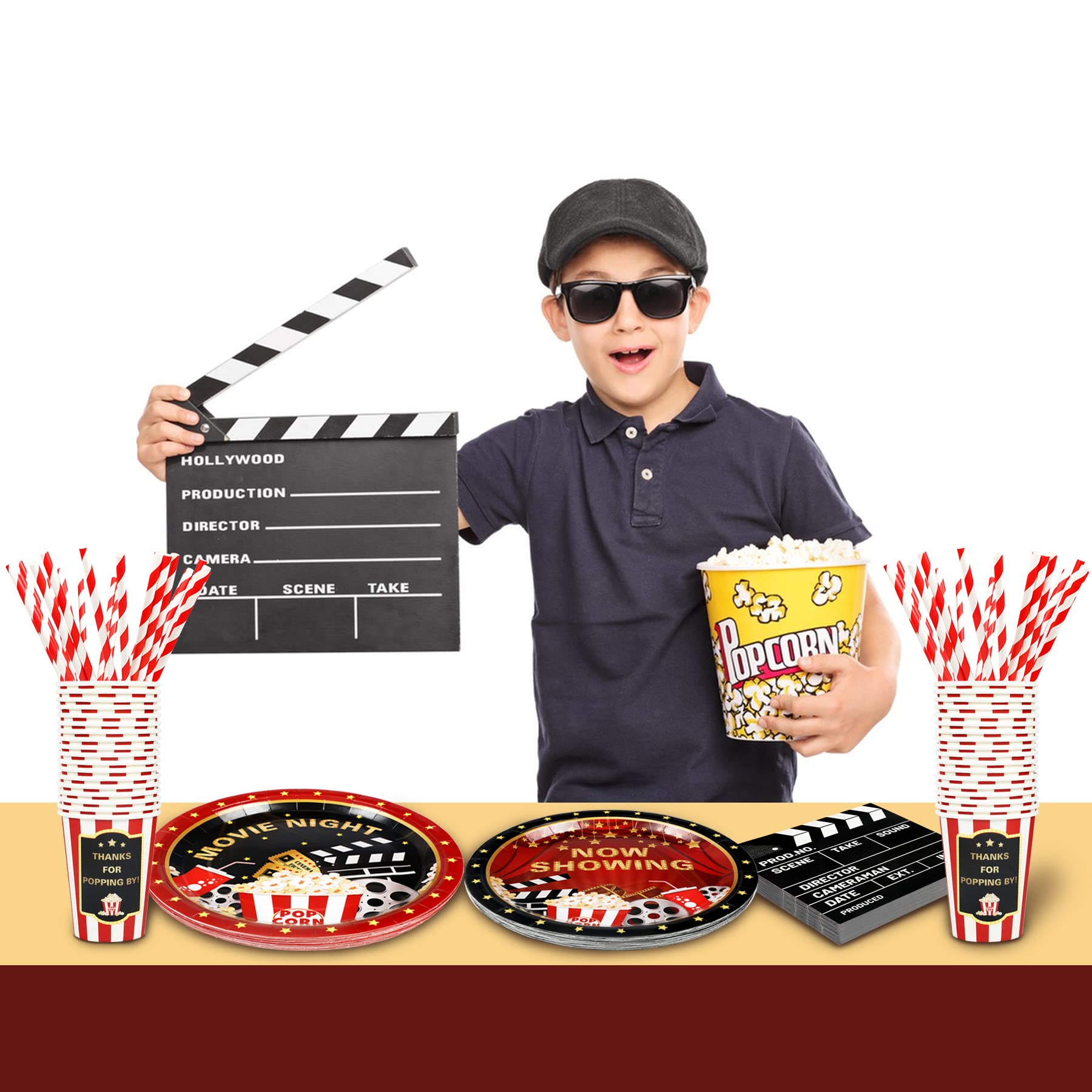 Recheel Movie Night Party Supplies Decorations, Movie Theme Birthday Paper Plates And Napkins Set With Cups And Straws For 24 Gu