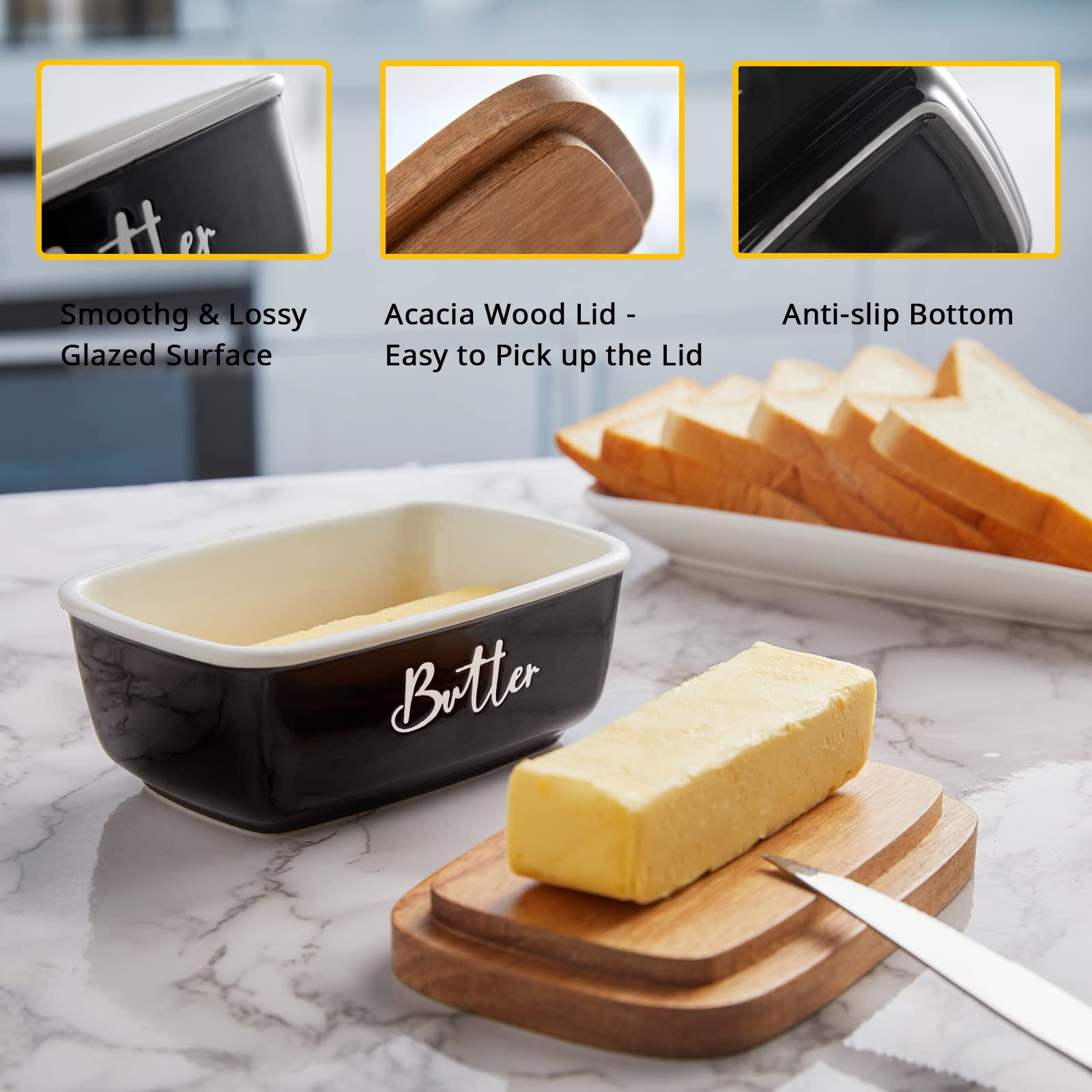 Black Butter Dish, Alelion Large Ceramic Butter Dish With Lid For Countertop, Butter Keeper Container With Acacia Wooden Lid, Ki