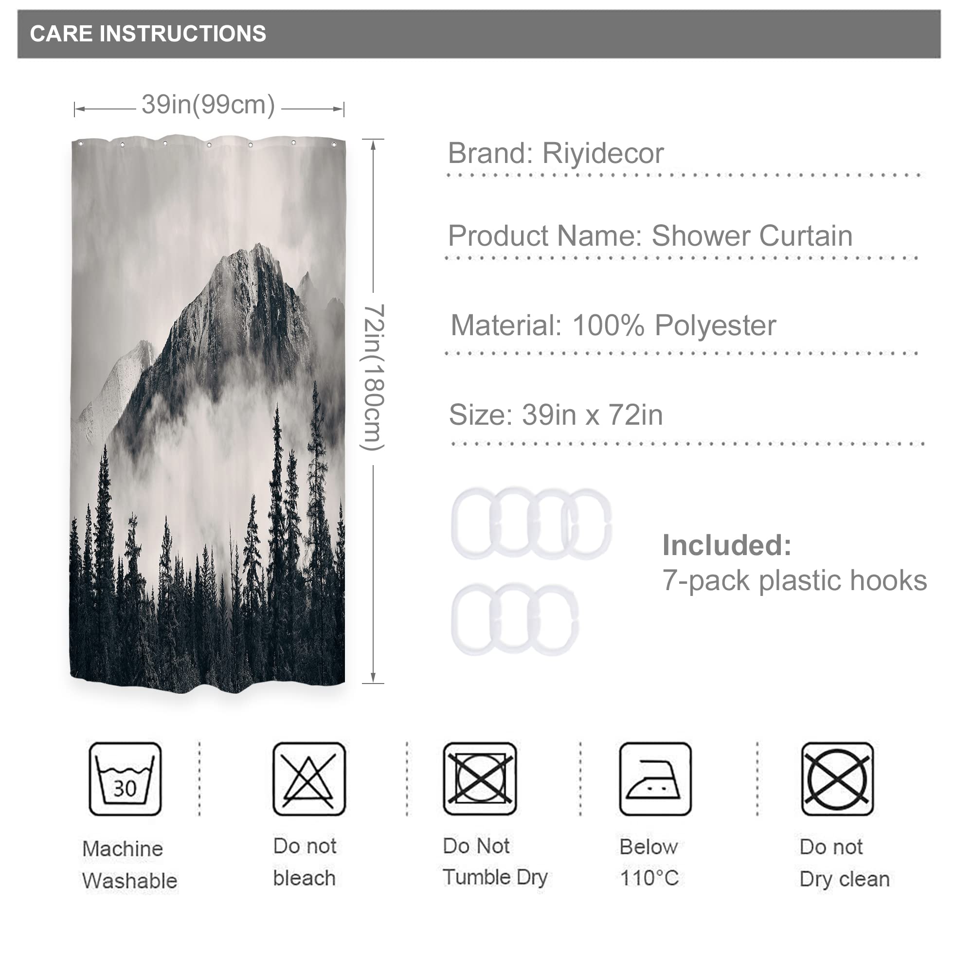 Riyidecor Small Stall Rv Misty Shower Curtain 39Wx72H Inch Mountain Nature Rustic Scenery Foggy Smokey Tree National Parks Outdo