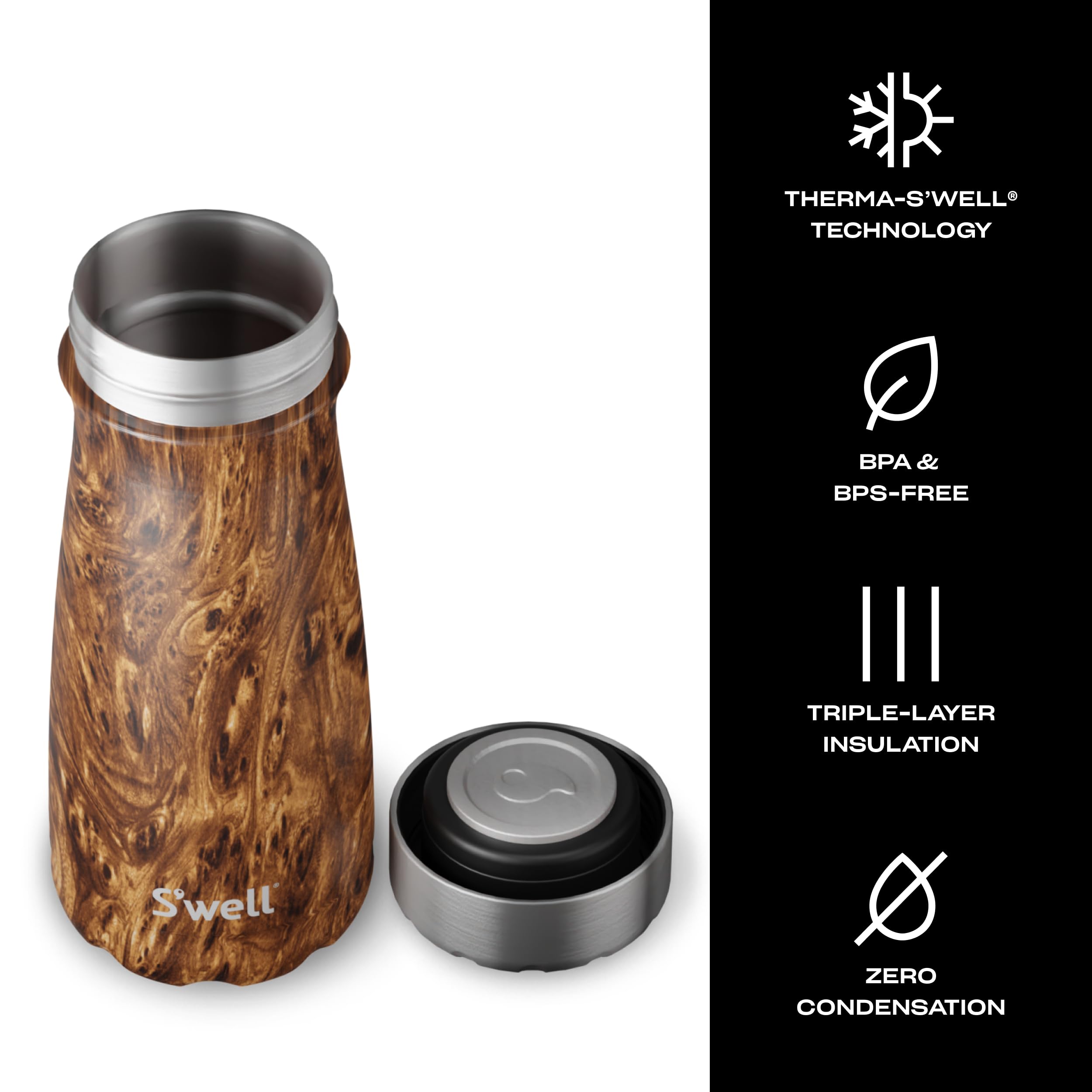S'Well Stainless Steel Traveler With Commuter Lid, 16Oz, Teakwood, Triple Layered Vacuum Insulated Containers Keeps Drinks Cold