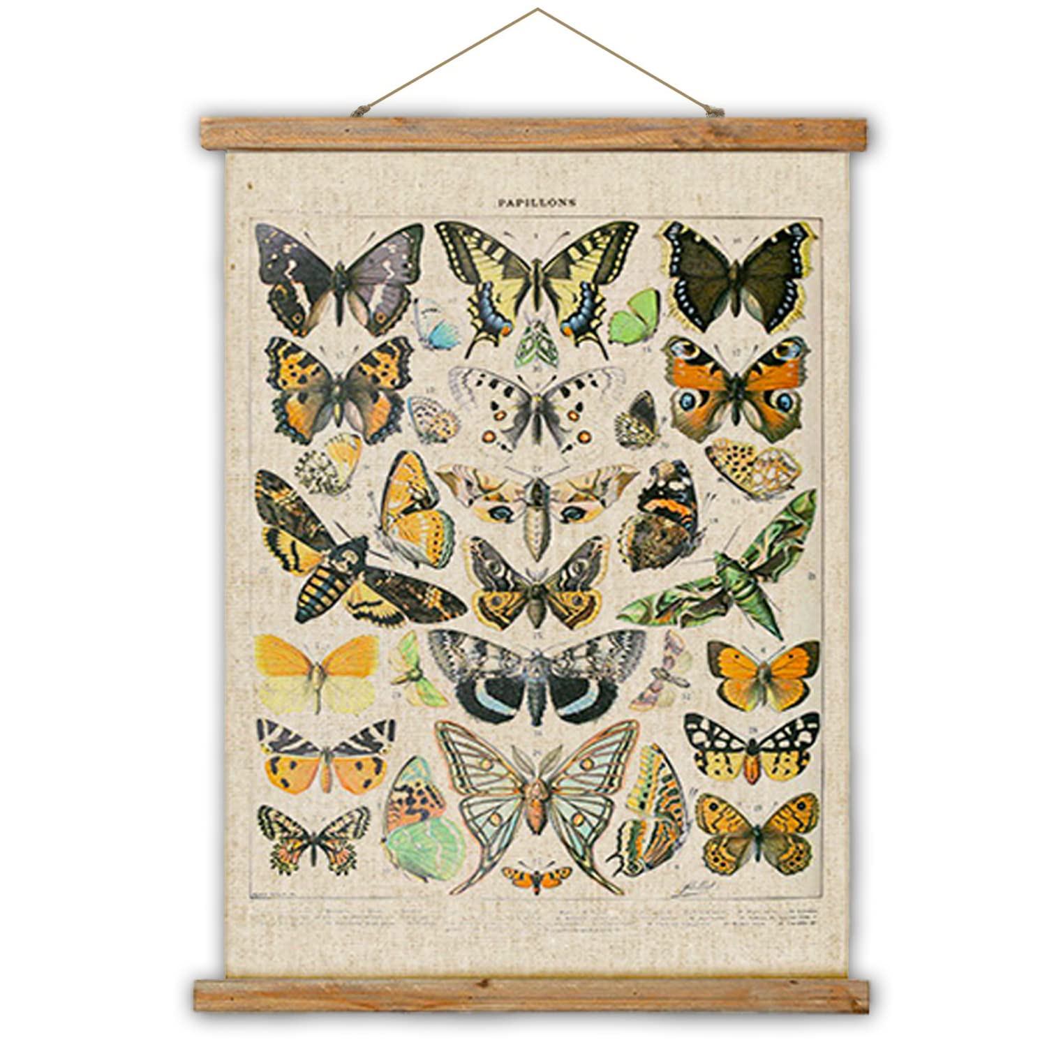 Vintage Butterflies Hanging Poster, Retro Style Of Wall Art Prints, Printed On Linen With Wood Frames, Ready To Hang
