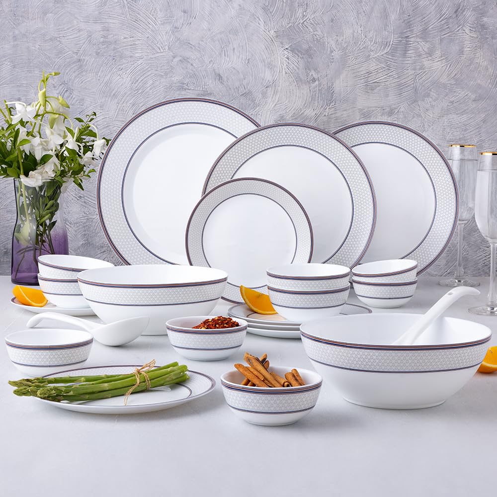 Larah By Borosil Premia Series Starlight Opalware Dinner Set | 29 Piece For Family Of 6 | Microwave & Dishwasher Safe | BoneAsh