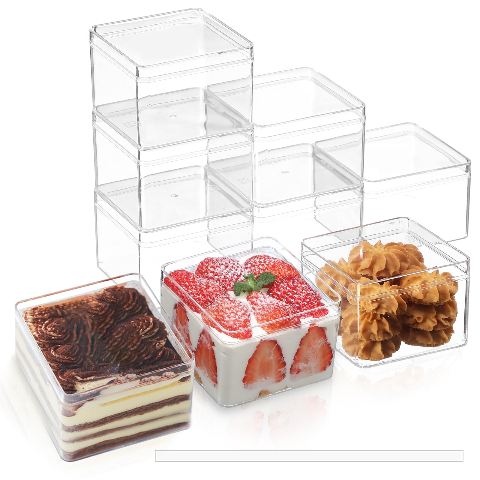FZJ 50 Pack 15OZ Square Clear Plastic Dessert Cups with Lids and Stickers Disposable Fruit Cups for Dessert,Tiramisu container w