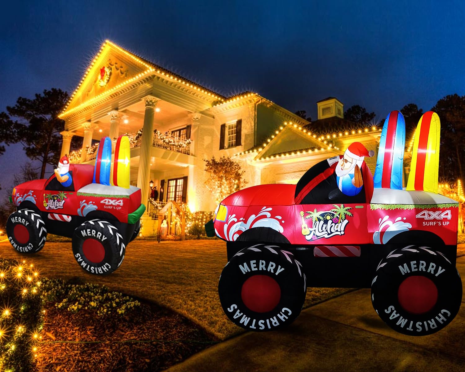7FT Long Monster Truck by Santa Christmas Inflatables Outdoor Decorations, Xmas Blow up Haiwaii Santa Driving Monster Trucks, In