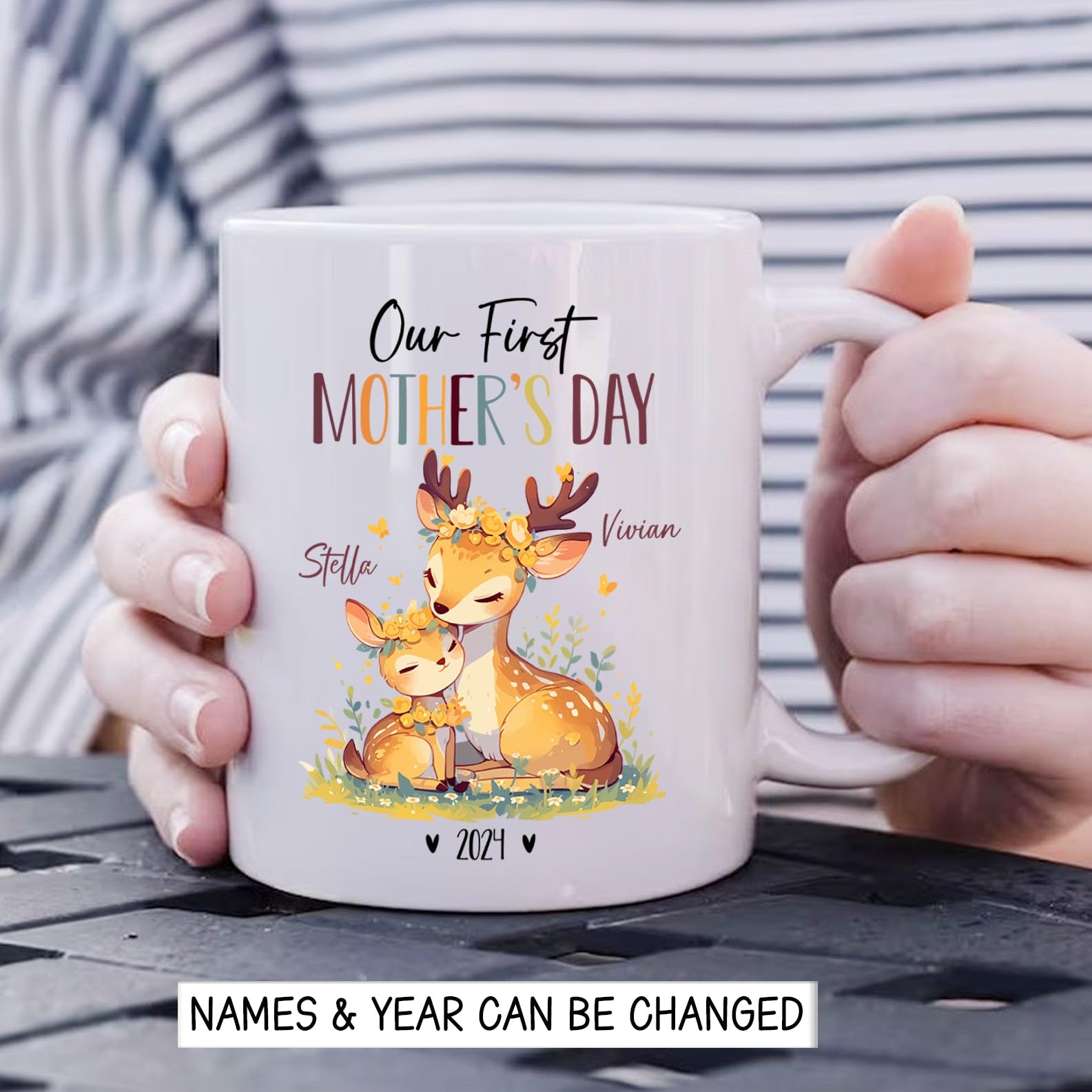 Deers Mug For New Mother And New Born Baby, Personalized Our First Mothers Day Ceramic Mug, Custom Mom & Baby Deer Coffee Cup, M