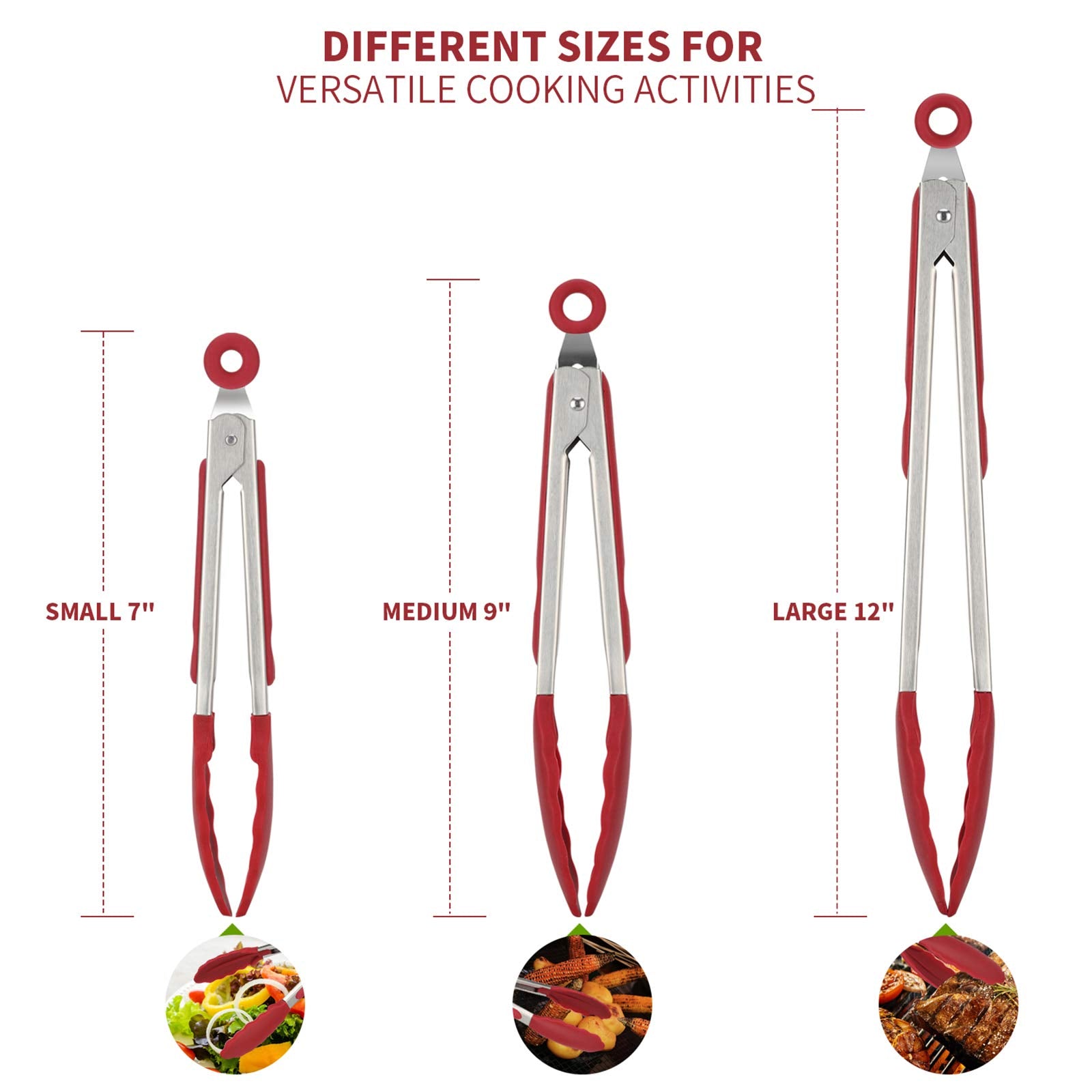 U-Taste Kitchen Tongs, 7/9/12 Inches Cooking Tongs, With 480F High Heat-Resistant Non-Stick Silicone Tips, 18/8 Stainless Steel
