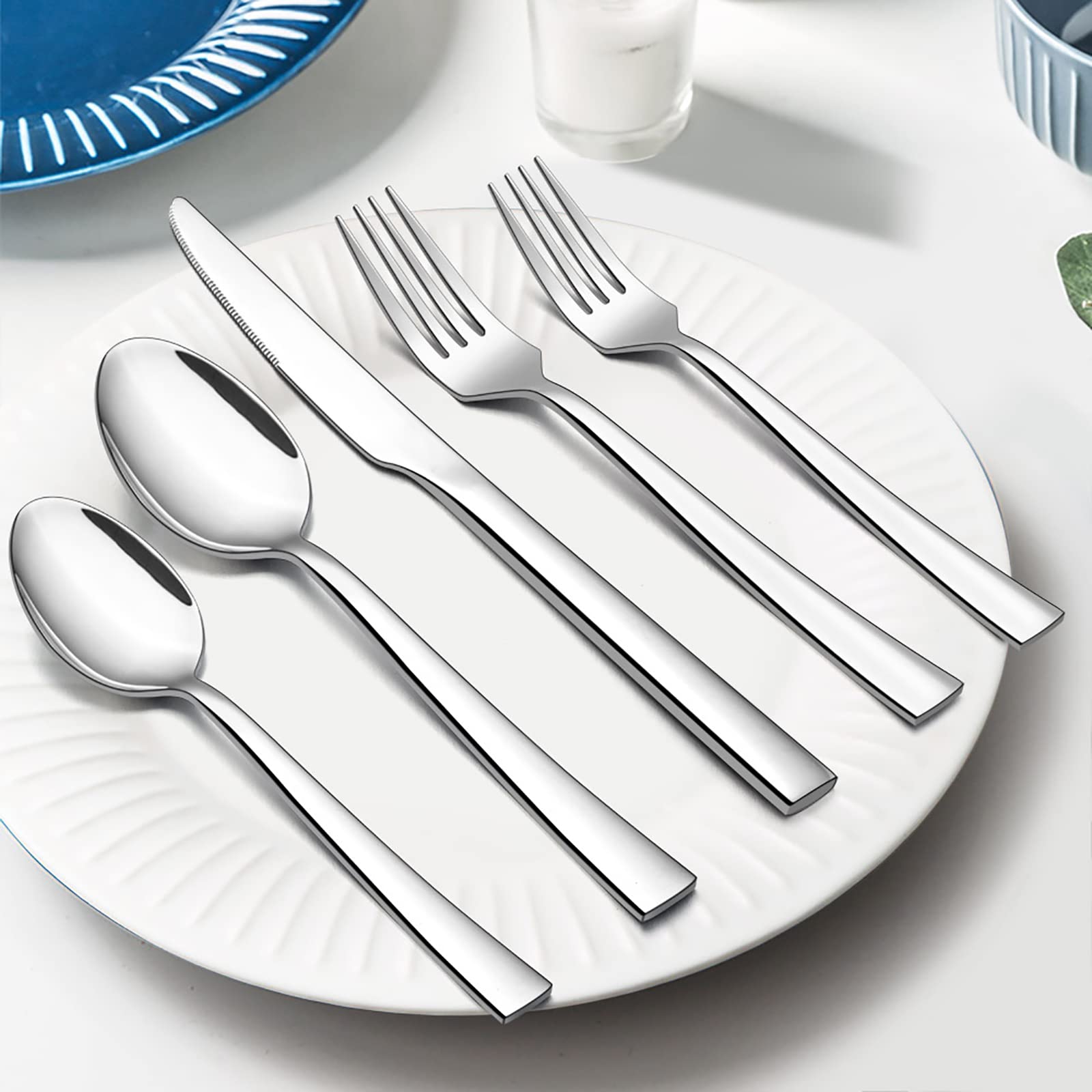 10-Piece Silverware Set, E-Far Stainless Steel Flatware Set Service For 2, Modern Tableware Cutlery Set For Home And Restaurant,