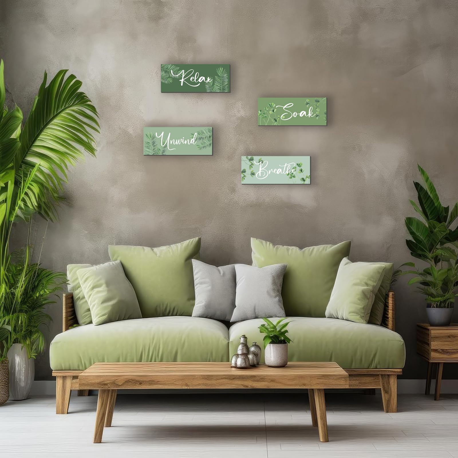 ONIZHITY 4 Pcs Sage Green Bathroom Wall Decors Relax Soak Unwind Breathe Wooden Word Sign Rustic Sage Bathroom Accessories For B