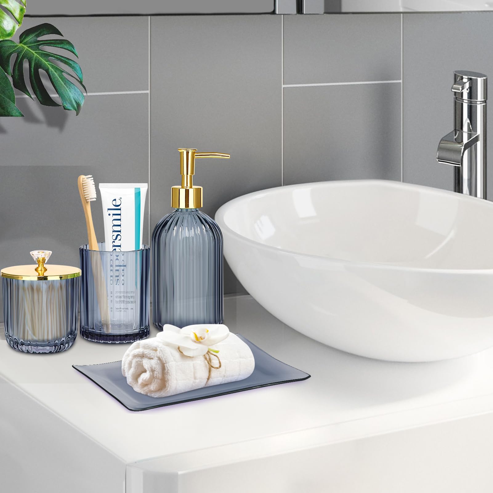 Haturi Bathroom Accessories Set, 4 Pcs Blue Glass Bathroom Accessories Sets Complete W/Lotion Soap Dispenser, Toothbrush Holder,