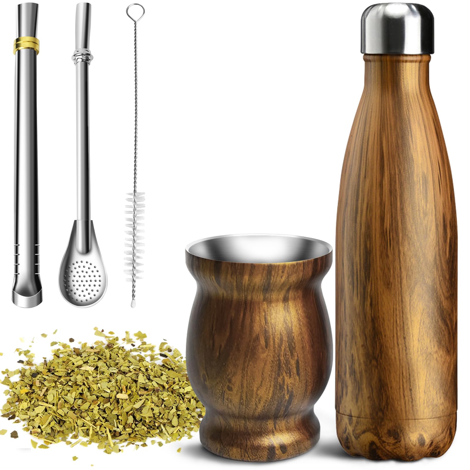 Artcome 5Pc Stainless Steel Yerba Mate Cup Set - 1 8.5Oz Stainless Steel Double-Wall Mate Cup, 1 17Oz Thermos, 2 Bombillas (Yerb
