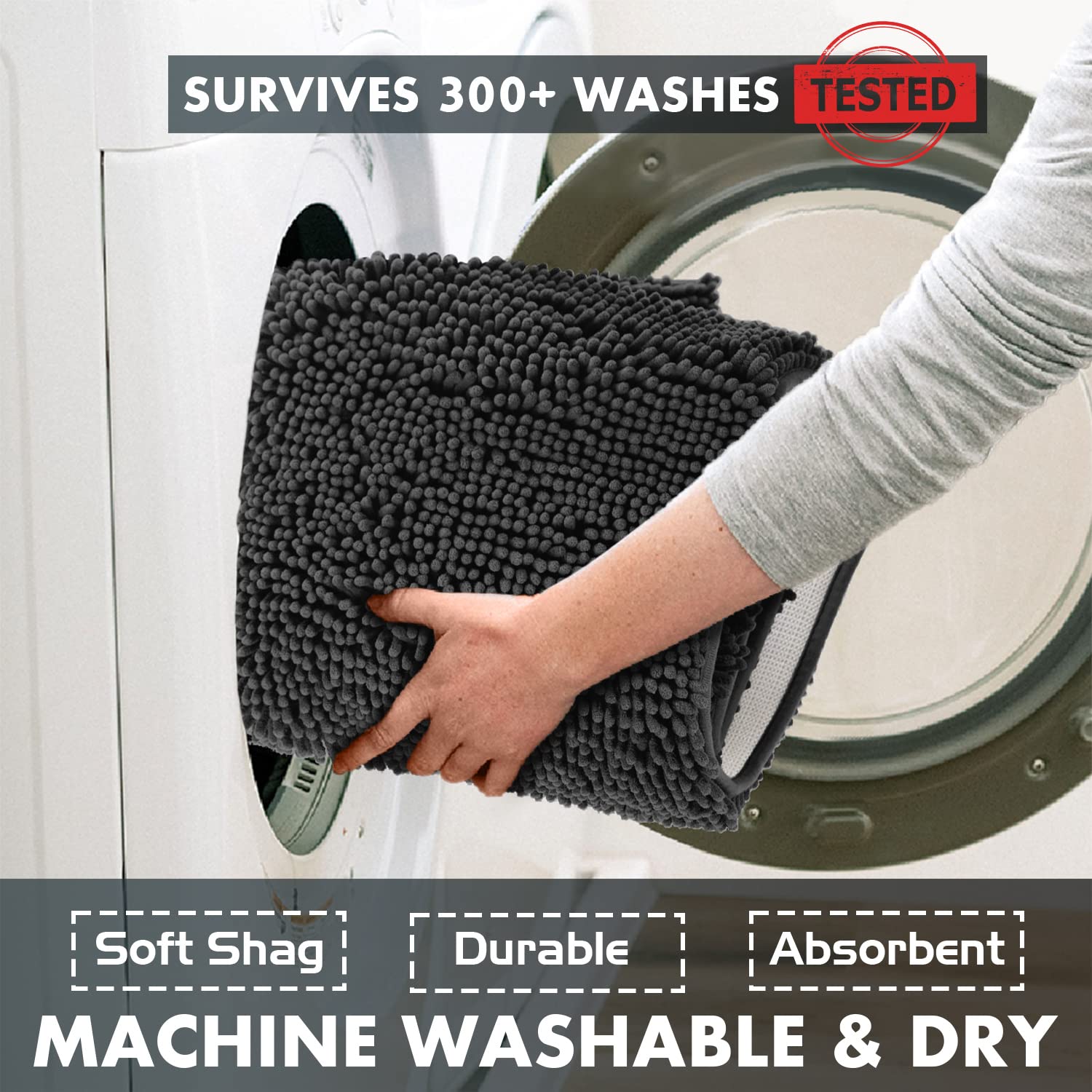 Luxurux Black Bathroom Rug Set-Extra-Soft Plush Bath Mat Shower Bathroom Rugs,1'' Chenille Microfiber Material, Super Absorbent