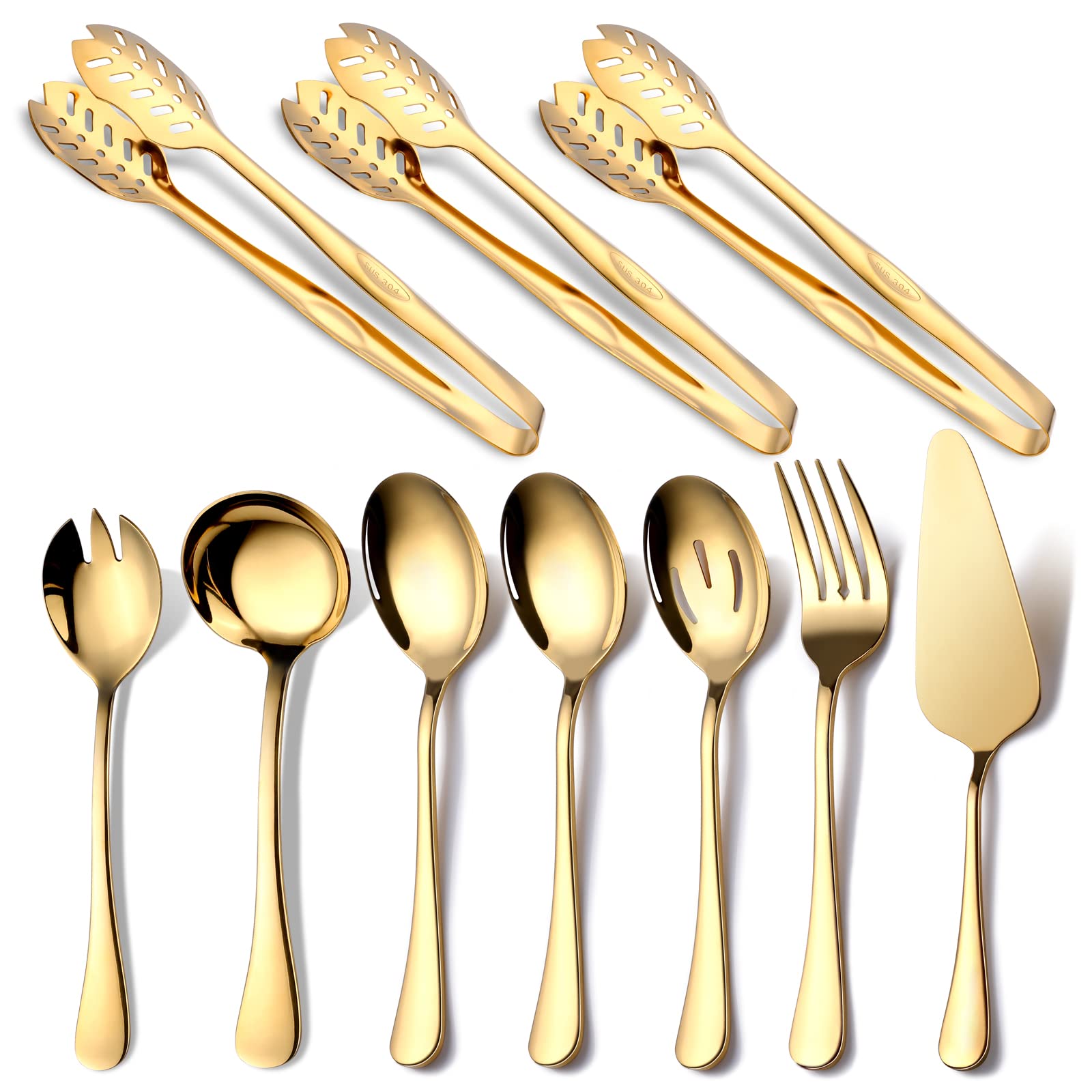 Gold Serving Utensils, Ogori 10-Piece Polished Stainless Steel Gold Serving Utensils Set Include Serving Spoons, Slotted Serving