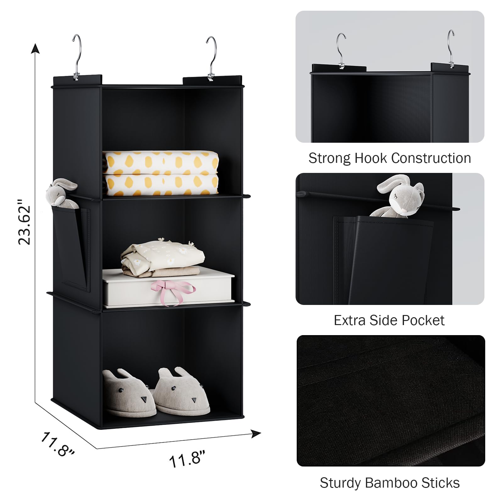 Youdenova Hanging Closet Organizer, 3-Shelf Closet Hanging Storage Shelves, Black