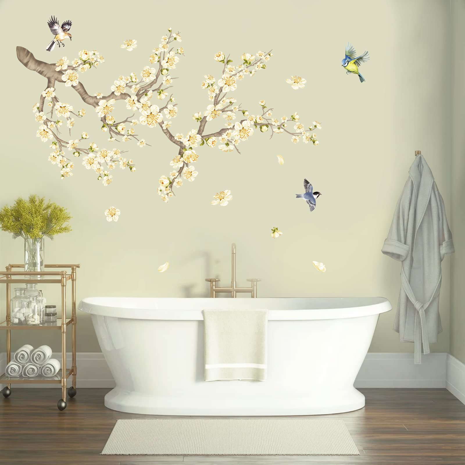 decalmile Flower Branch Wall Stickers Yellow Blossom Pear Flower Birds Wall Decals Kids Bedroom Living Room Window Wall Decor
